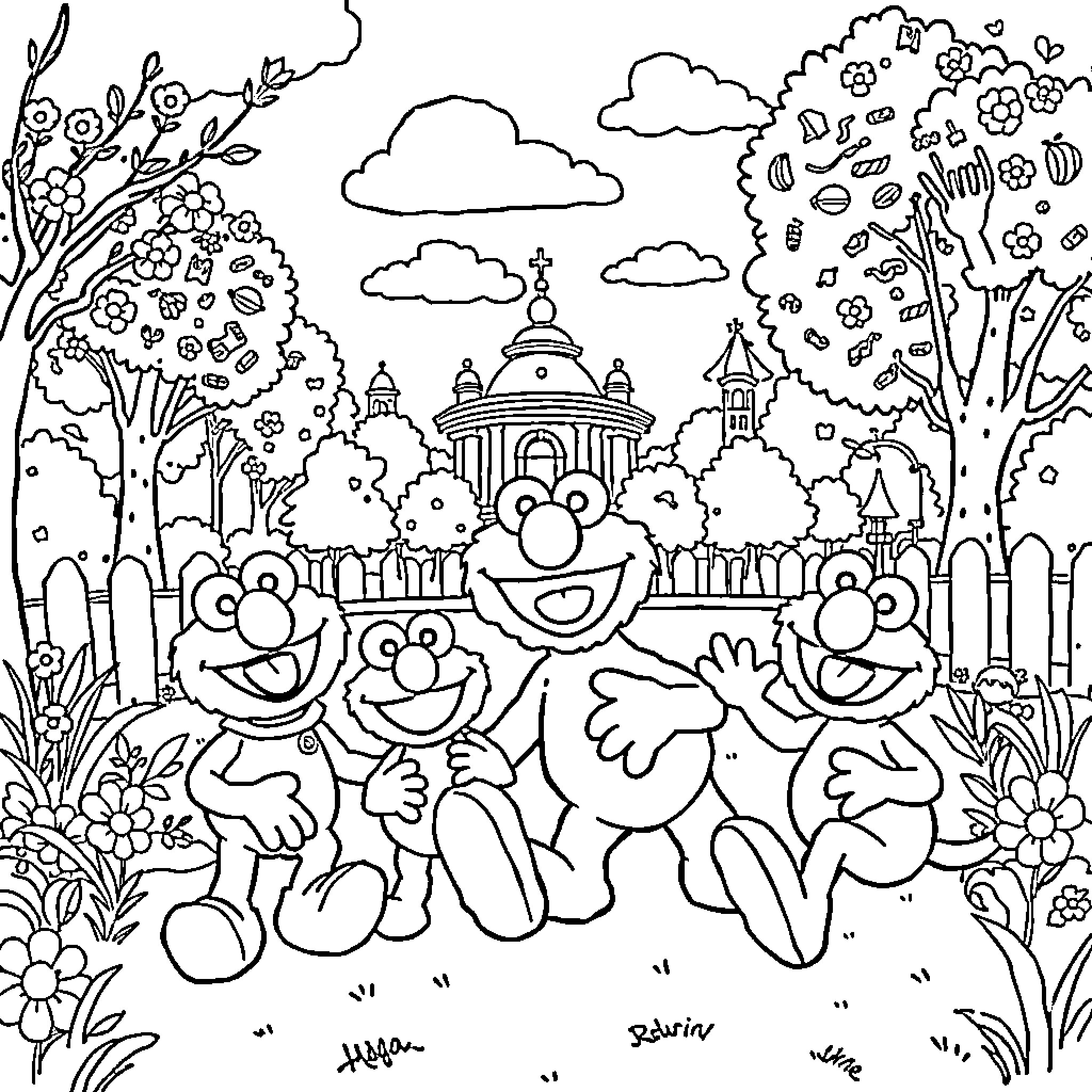 Elmo and Friends Enjoy a Playful Day in the Park Coloring Page (free black-and-white line drawing printable PDF for all, from beginners to advanced learners, including children, teens, adults, and seniors)