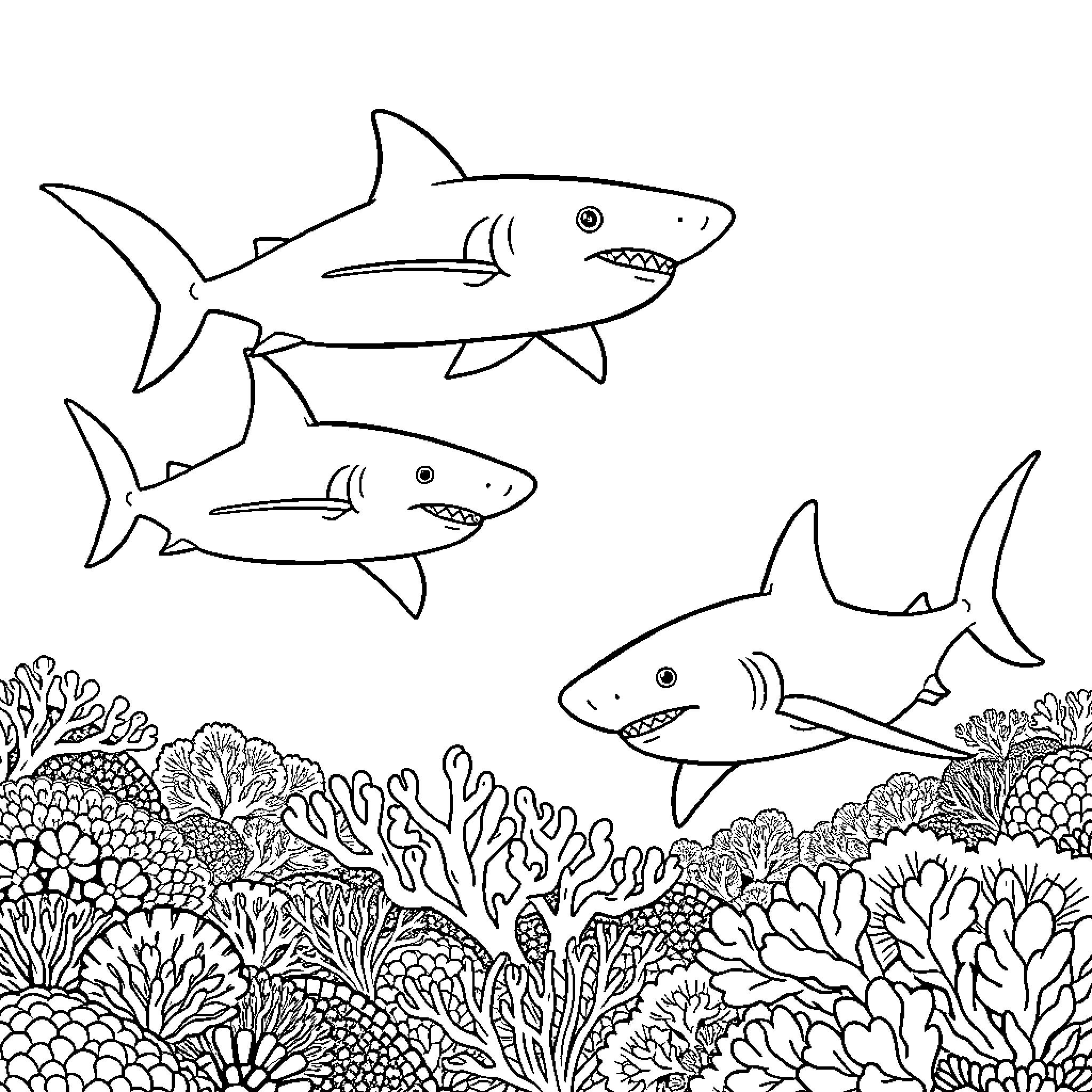 Lemon Shark swimming among colorful coral reefs Coloring Page (free black-and-white line drawing printable PDF for all, from beginners to advanced learners, including children, teens, adults, and seniors)