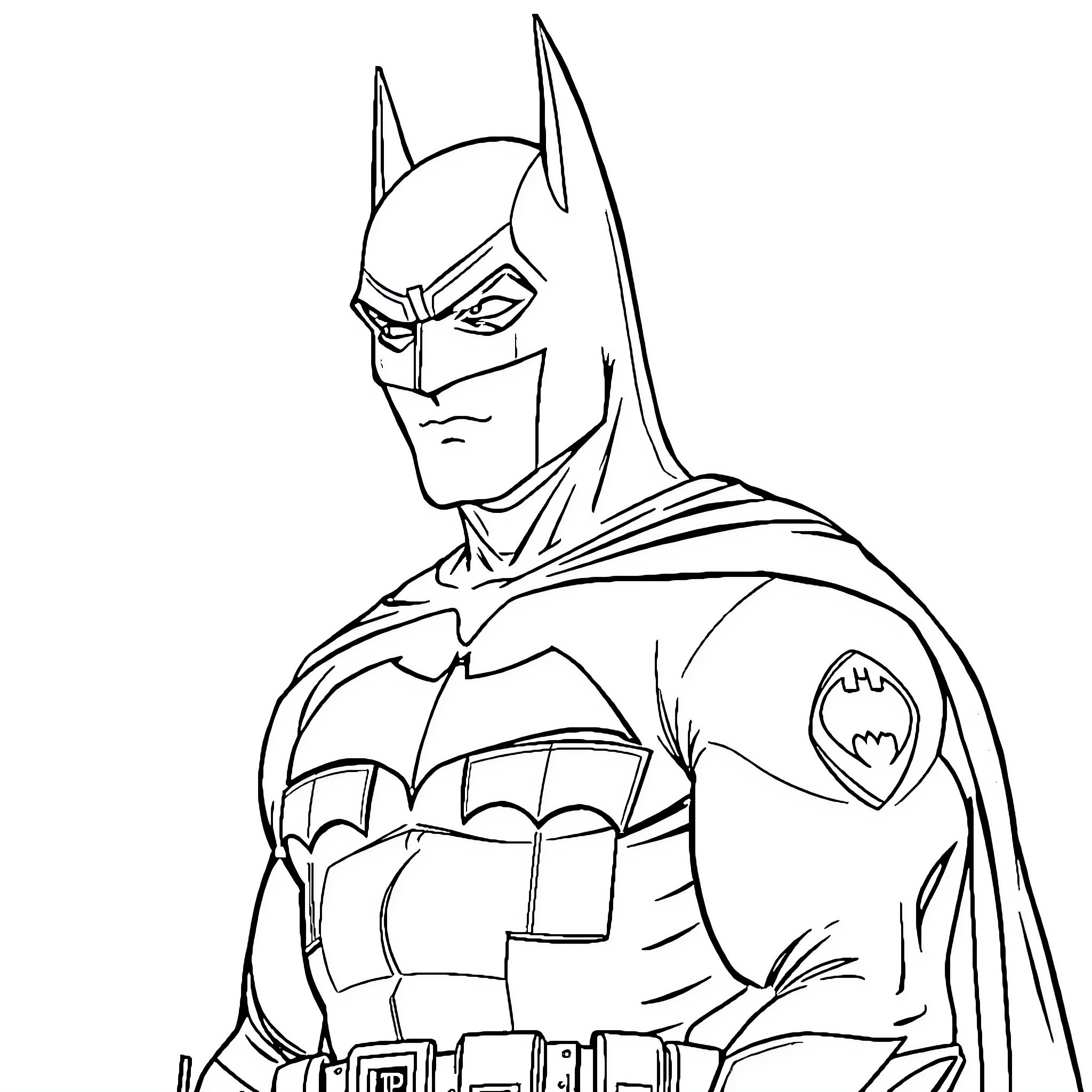 Batman in Determined Pose Coloring Page (free black-and-white line drawing printable PDF for all, from beginners to advanced learners, including children, teens, adults, and seniors)