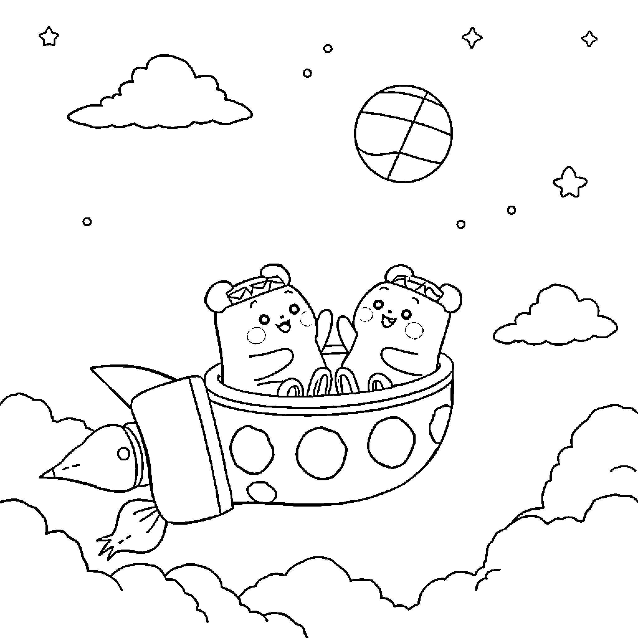 Squishmallow friends in a spaceship adventure Coloring Page (free black-and-white line drawing printable PDF for all, from beginners to advanced learners, including children, teens, adults, and seniors)