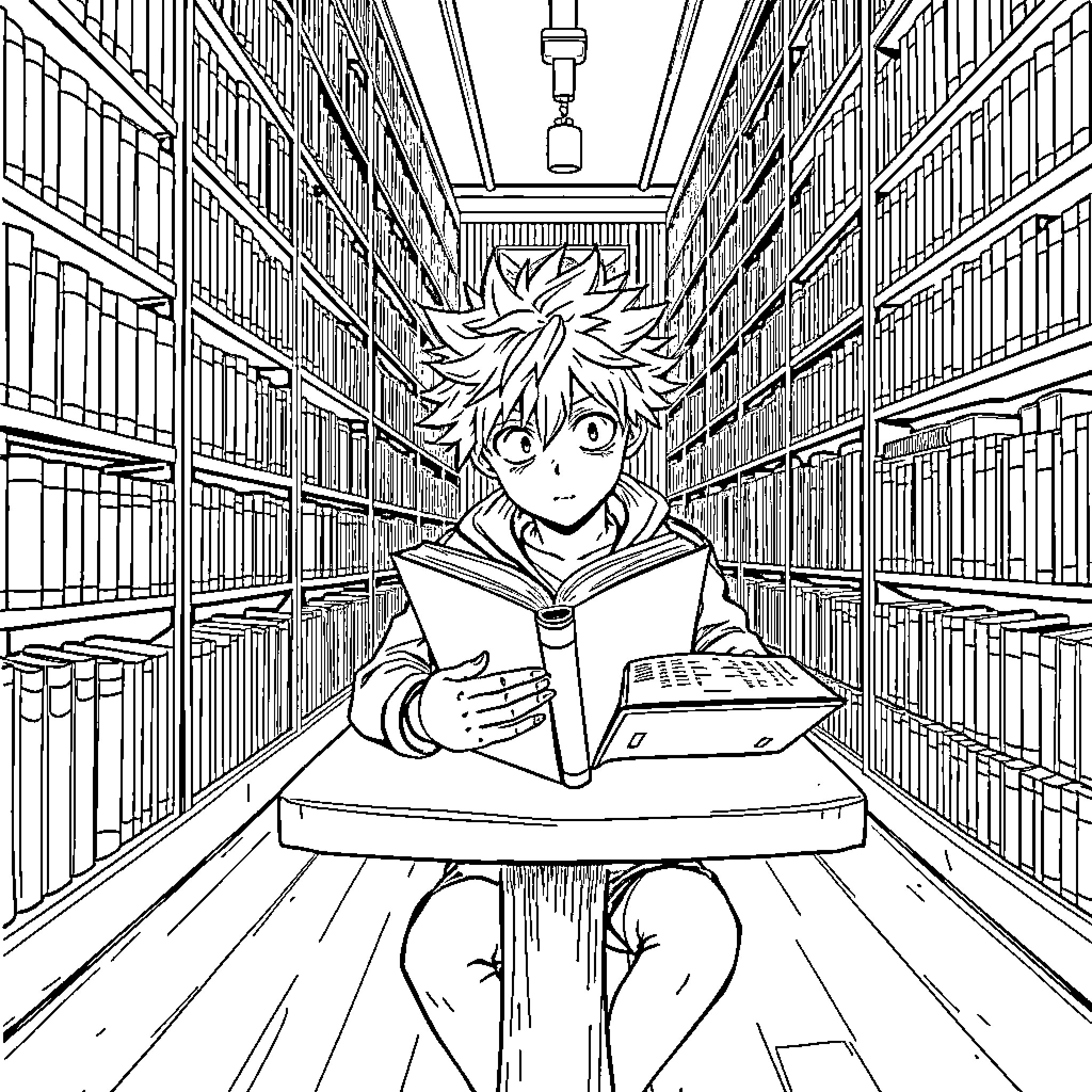 Bakugo reading intently in the library Coloring Page (free black-and-white line drawing printable PDF for all, from beginners to advanced learners, including children, teens, adults, and seniors)