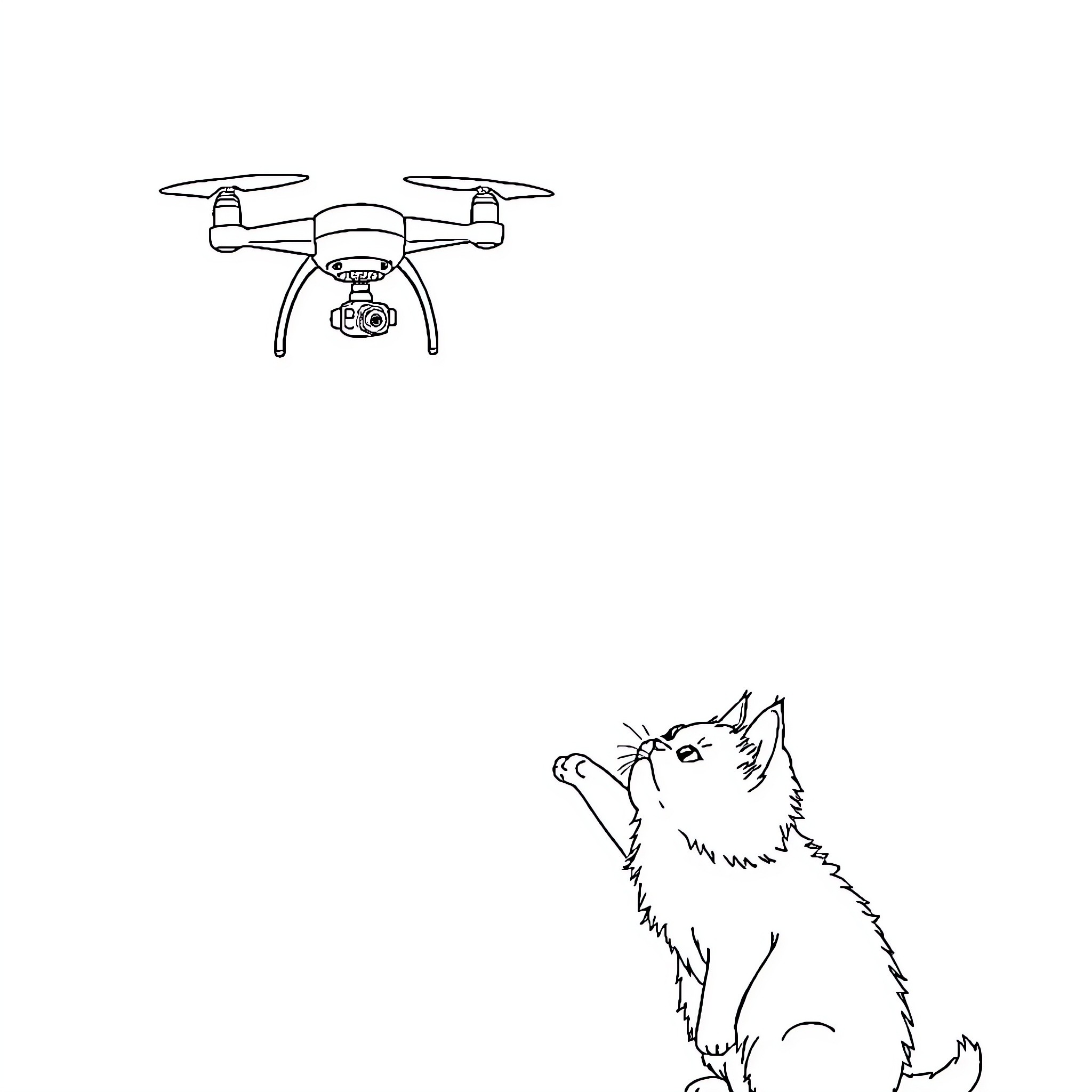 Cat admiring drone in the sky Coloring Page (free black-and-white line drawing printable PDF for all, from beginners to advanced learners, including children, teens, adults, and seniors)
