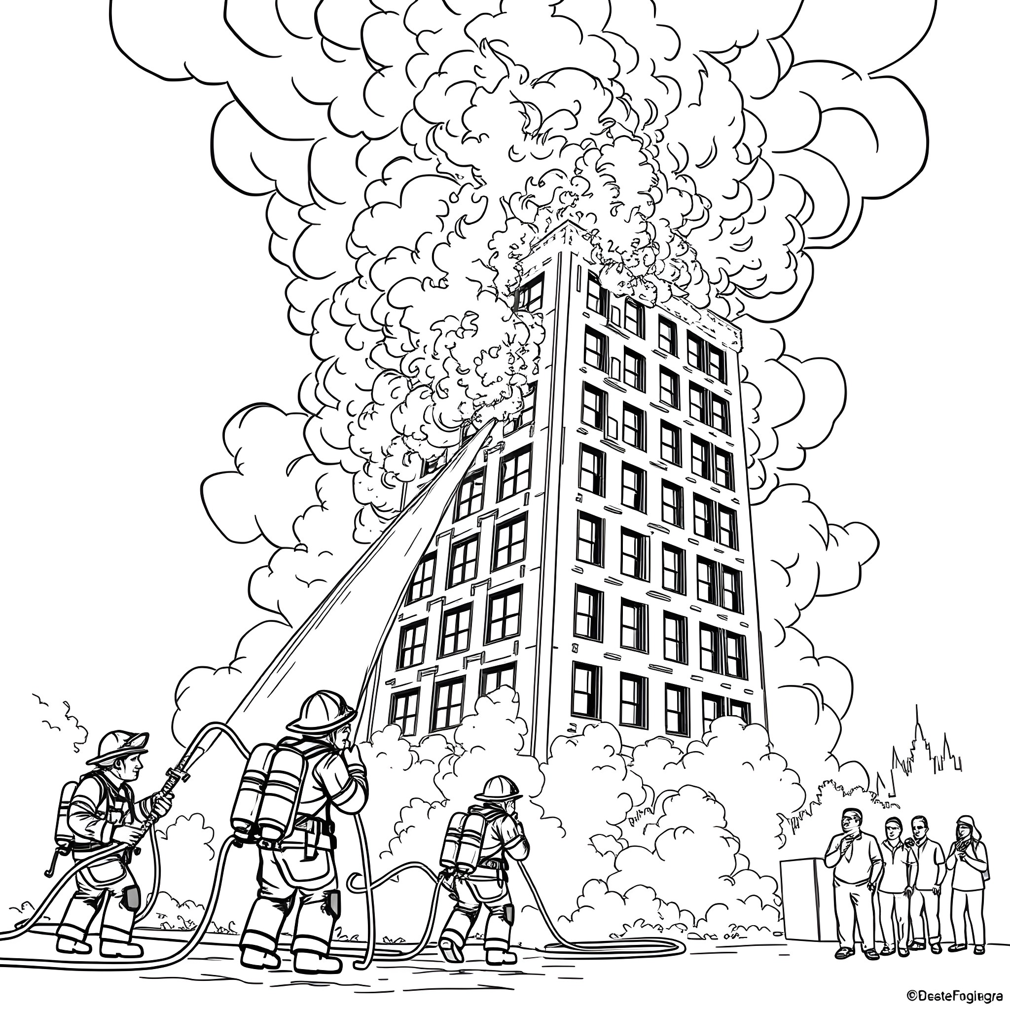Firefighters battling a blaze in the city Coloring Page (free black-and-white line drawing printable PDF for all, from beginners to advanced learners, including children, teens, adults, and seniors)