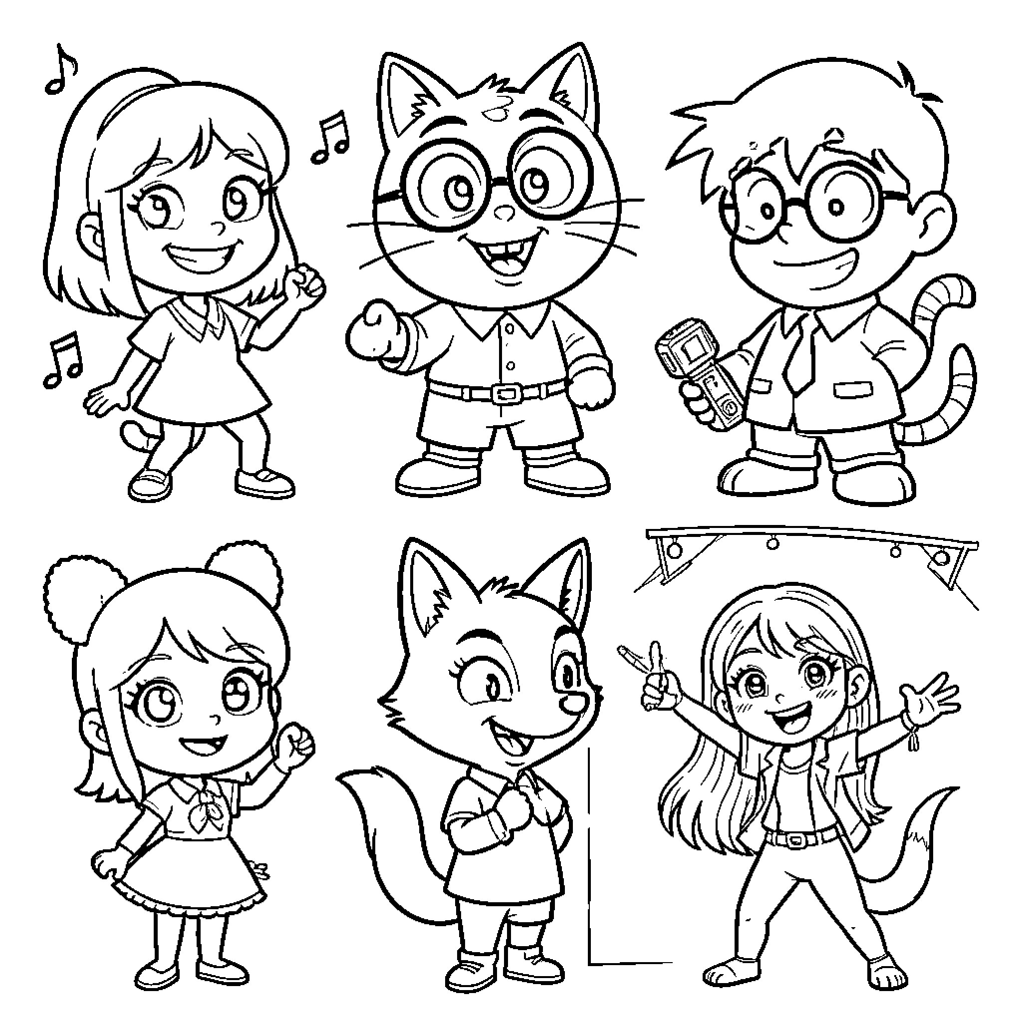 Cartoon Characters in Various Poses and Expressions Coloring Page (free black-and-white line drawing printable PDF for all, from beginners to advanced learners, including children, teens, adults, and seniors)