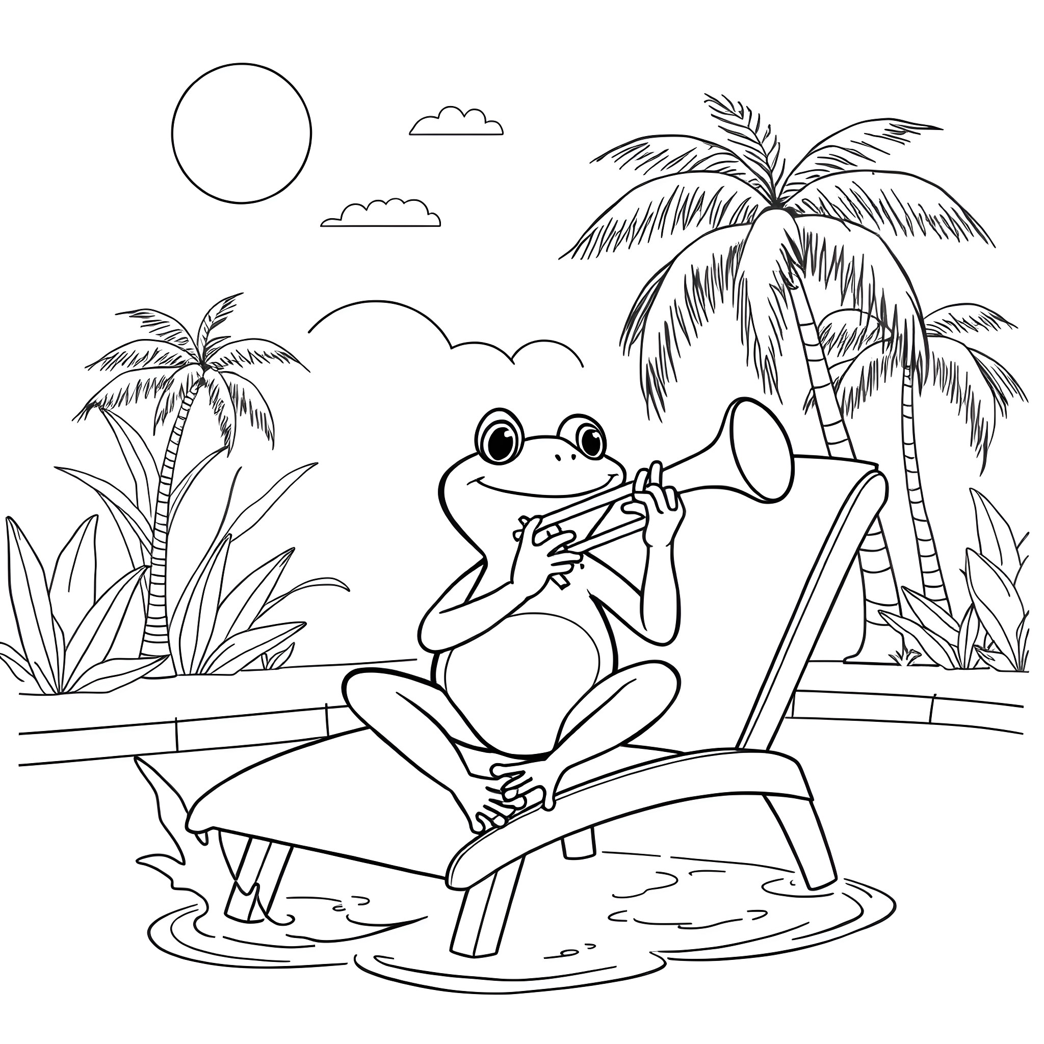 Frog relaxing on a beach chair Coloring Page (free black-and-white line drawing printable PDF for all, from beginners to advanced learners, including children, teens, adults, and seniors)