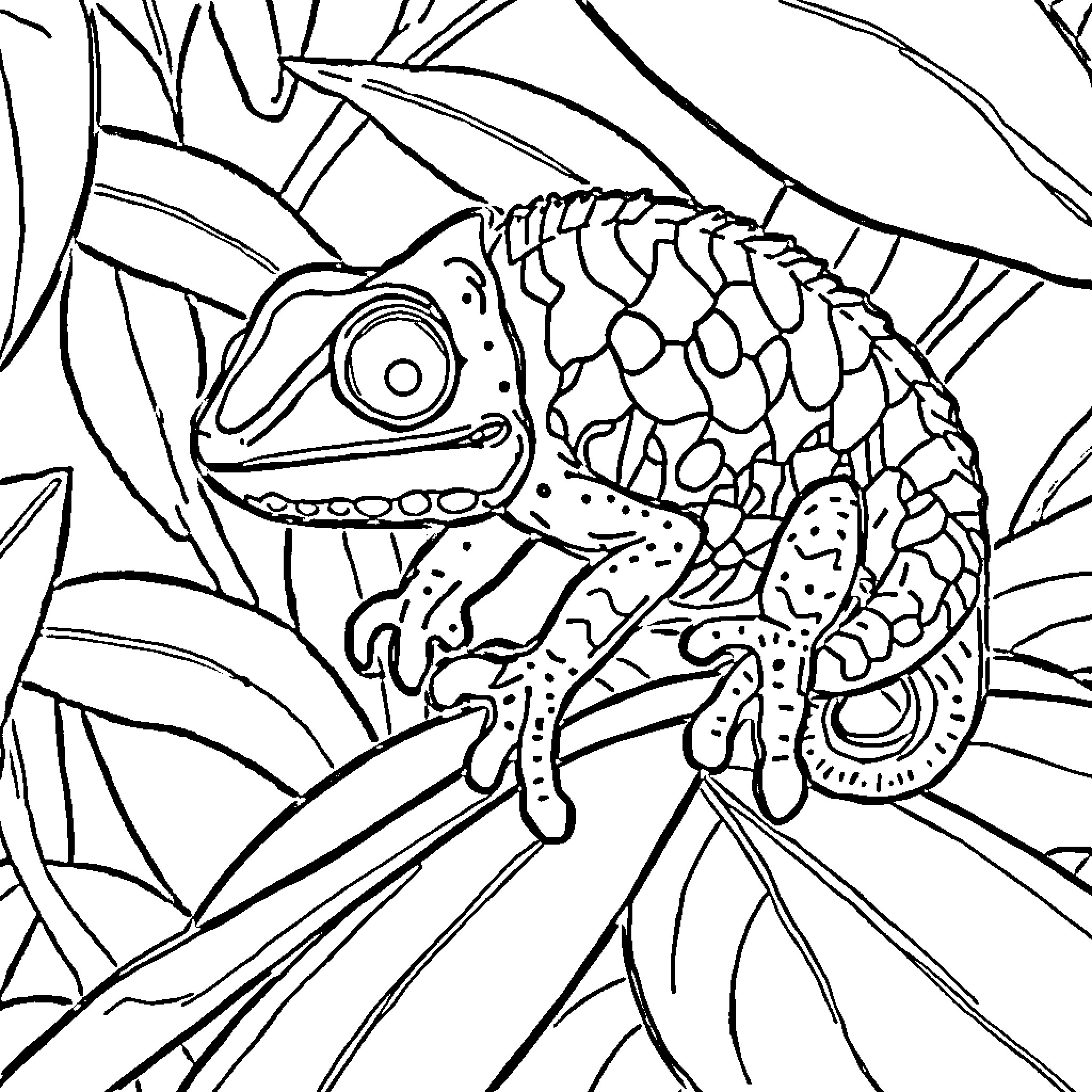 Chameleon exploring its jungle habitat Coloring Page (free black-and-white line drawing printable PDF for all, from beginners to advanced learners, including children, teens, adults, and seniors)
