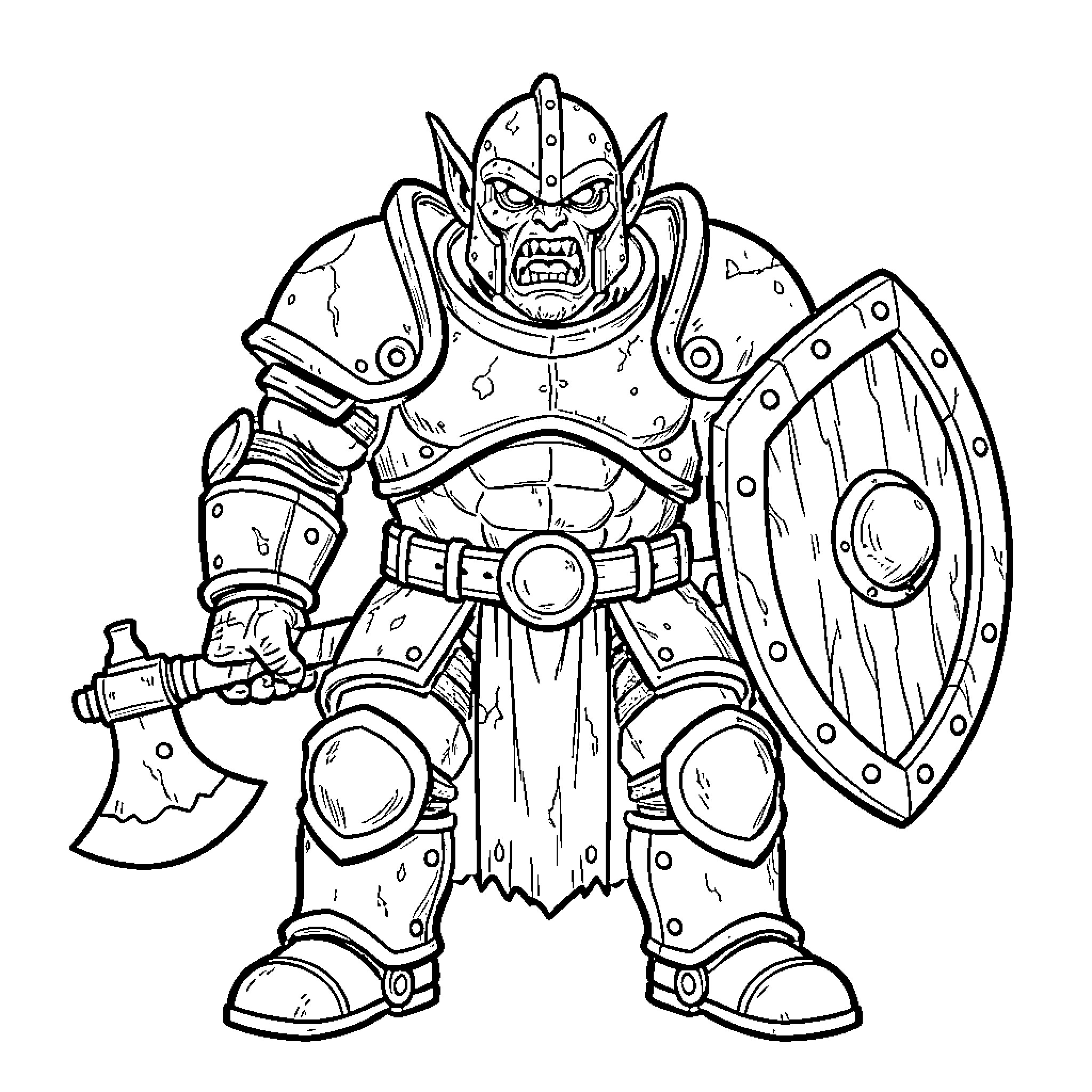 Monster warrior wearing heavy armor holding a shield and axe Coloring Page (free black-and-white line drawing printable PDF for all, from beginners to advanced learners, including children, teens, adults, and seniors)