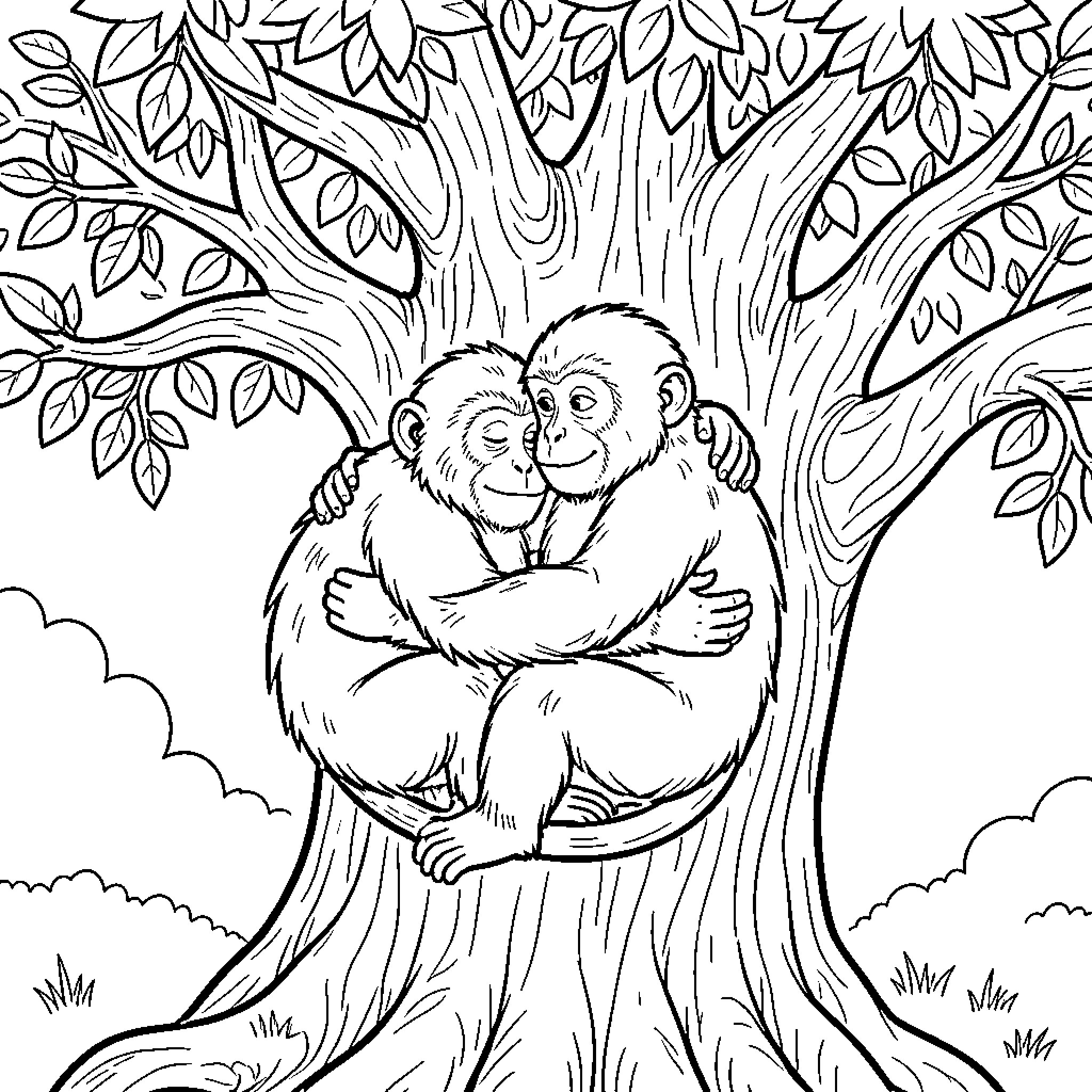 Monkey friends embracing on a tree Coloring Page (free black-and-white line drawing printable PDF for all, from beginners to advanced learners, including children, teens, adults, and seniors)