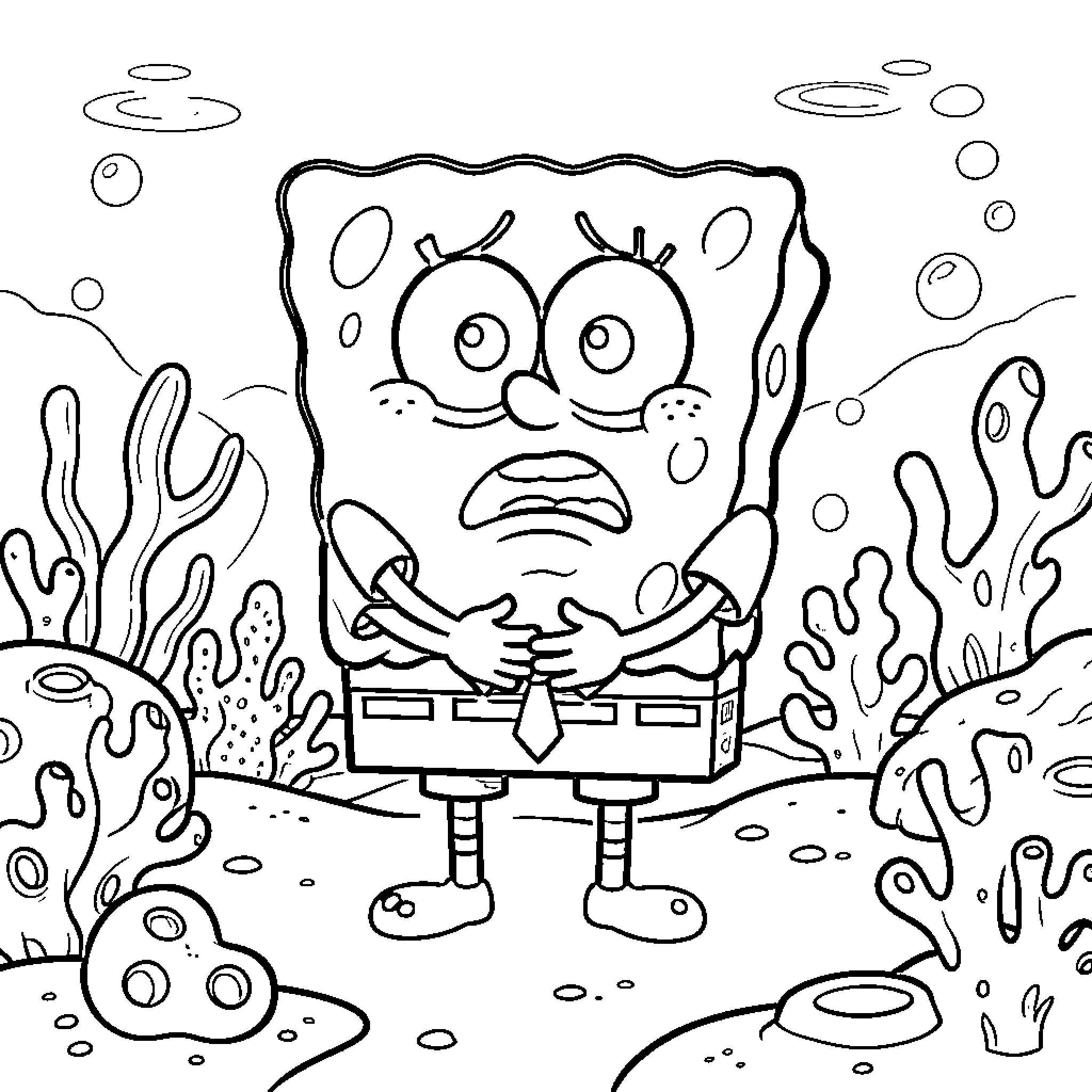 Plankton in a worrying situation underwater Coloring Page (free black-and-white line drawing printable PDF for all, from beginners to advanced learners, including children, teens, adults, and seniors)
