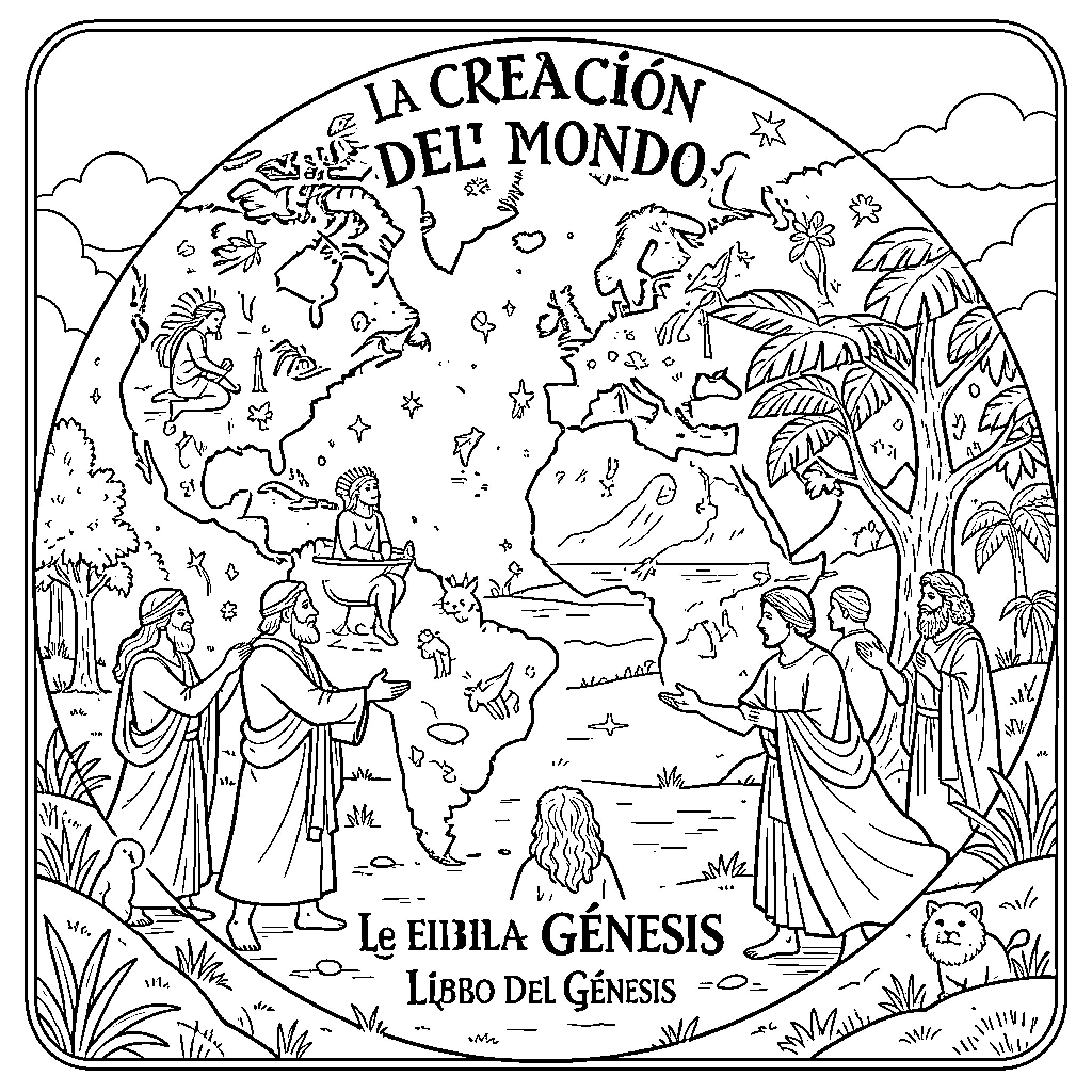 Genesis showing people amidst a world of nature Coloring Page (free black-and-white line drawing printable PDF for all, from beginners to advanced learners, including children, teens, adults, and seniors)
