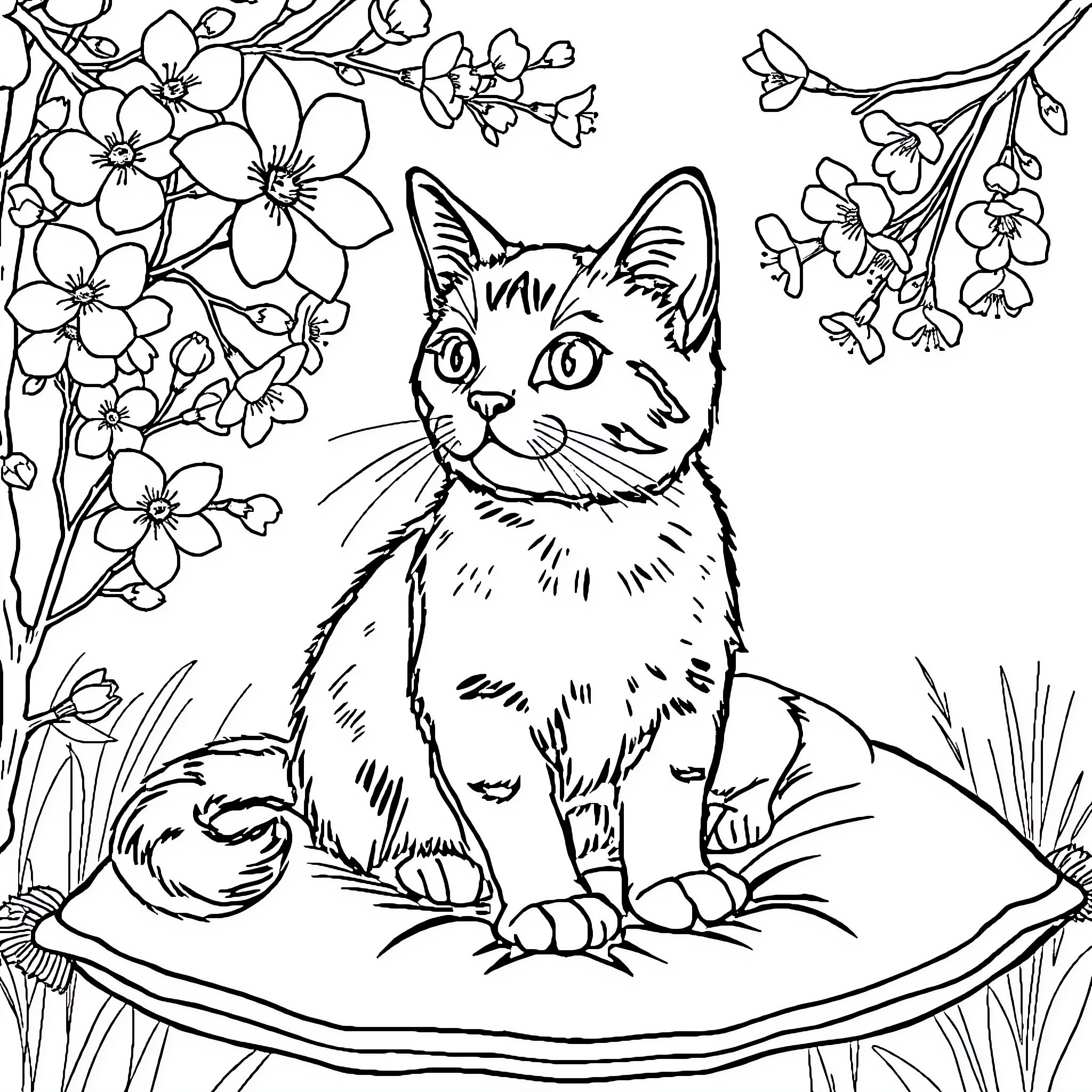Cat amidst floral garden Coloring Page (free black-and-white line drawing printable PDF for all, from beginners to advanced learners, including children, teens, adults, and seniors)