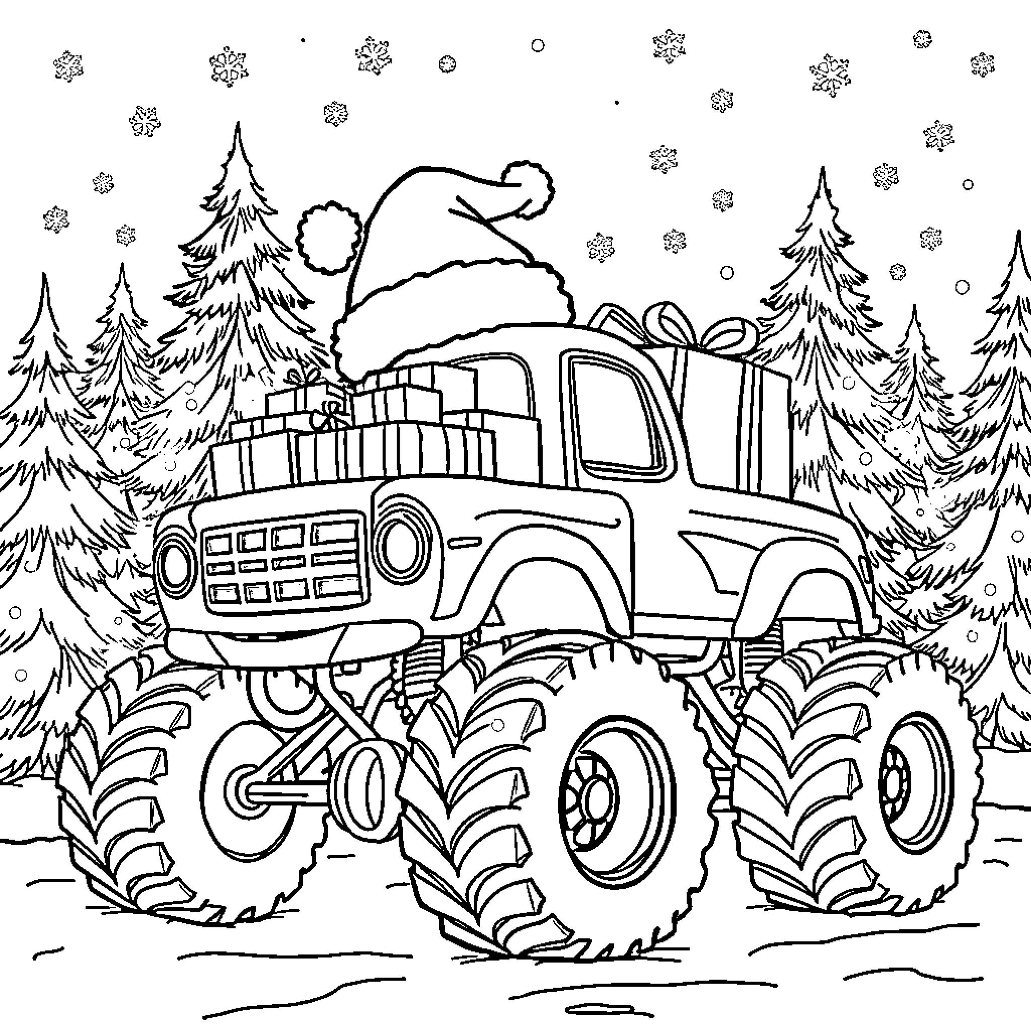 Monster Truck Delivering Christmas Gifts in Snowy Forest Coloring Page (free black-and-white line drawing printable PDF for all, from beginners to advanced learners, including children, teens, adults, and seniors)