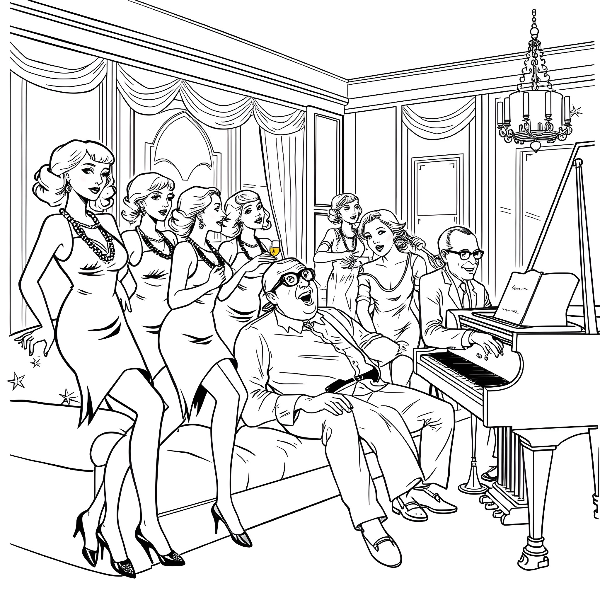 Party with Glamorous Guests and Live Music Performance Coloring Page (free black-and-white line drawing printable PDF for all, from beginners to advanced learners, including children, teens, adults, and seniors)