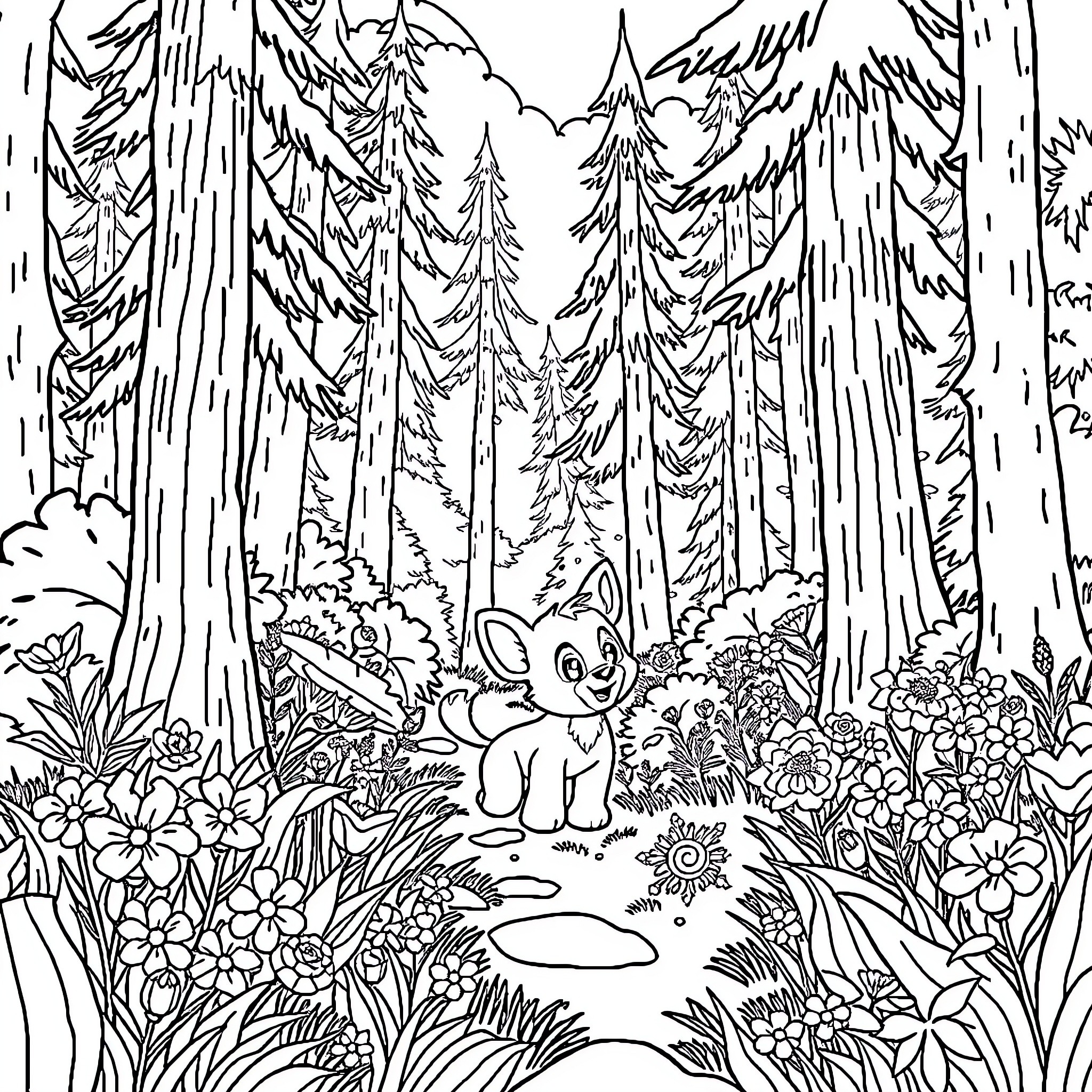 Bluey exploring the enchanted forest Coloring Page (free black-and-white line drawing printable PDF for all, from beginners to advanced learners, including children, teens, adults, and seniors)