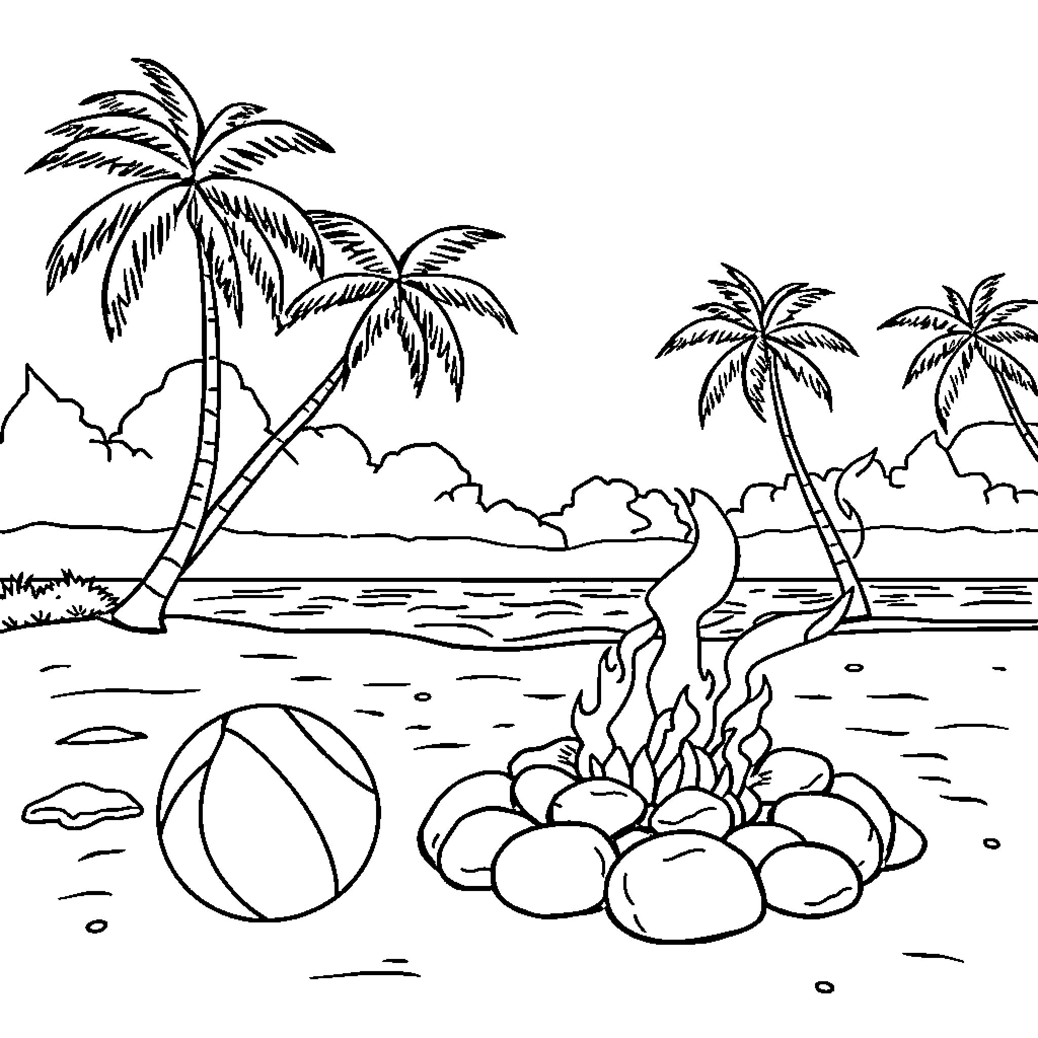 Beach scene with palm trees and campfire Coloring Page (free black-and-white line drawing printable PDF for all, from beginners to advanced learners, including children, teens, adults, and seniors)