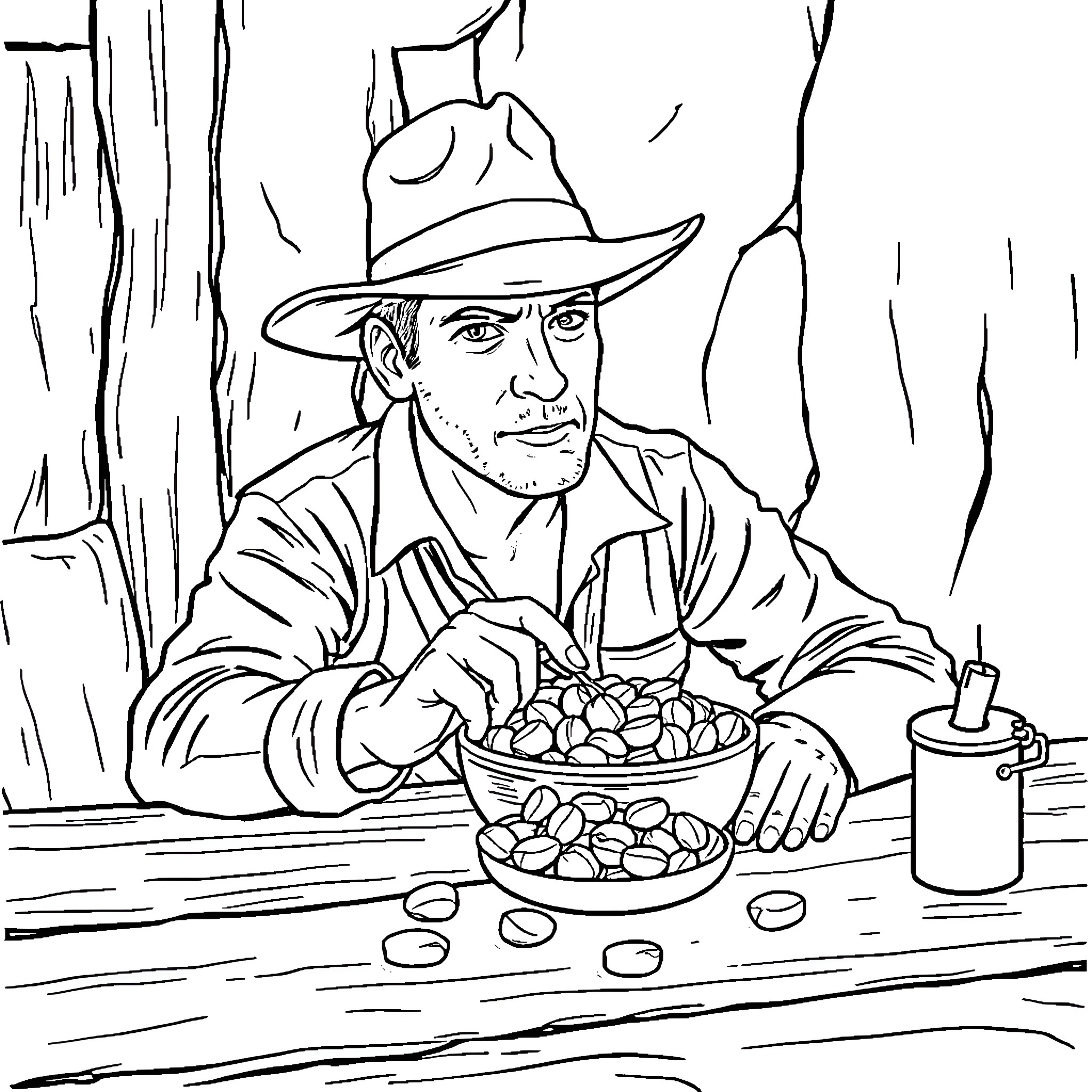 Indiana Jones Searching for Clues in the Jungle Coloring Page (free black-and-white line drawing printable PDF for all, from beginners to advanced learners, including children, teens, adults, and seniors)