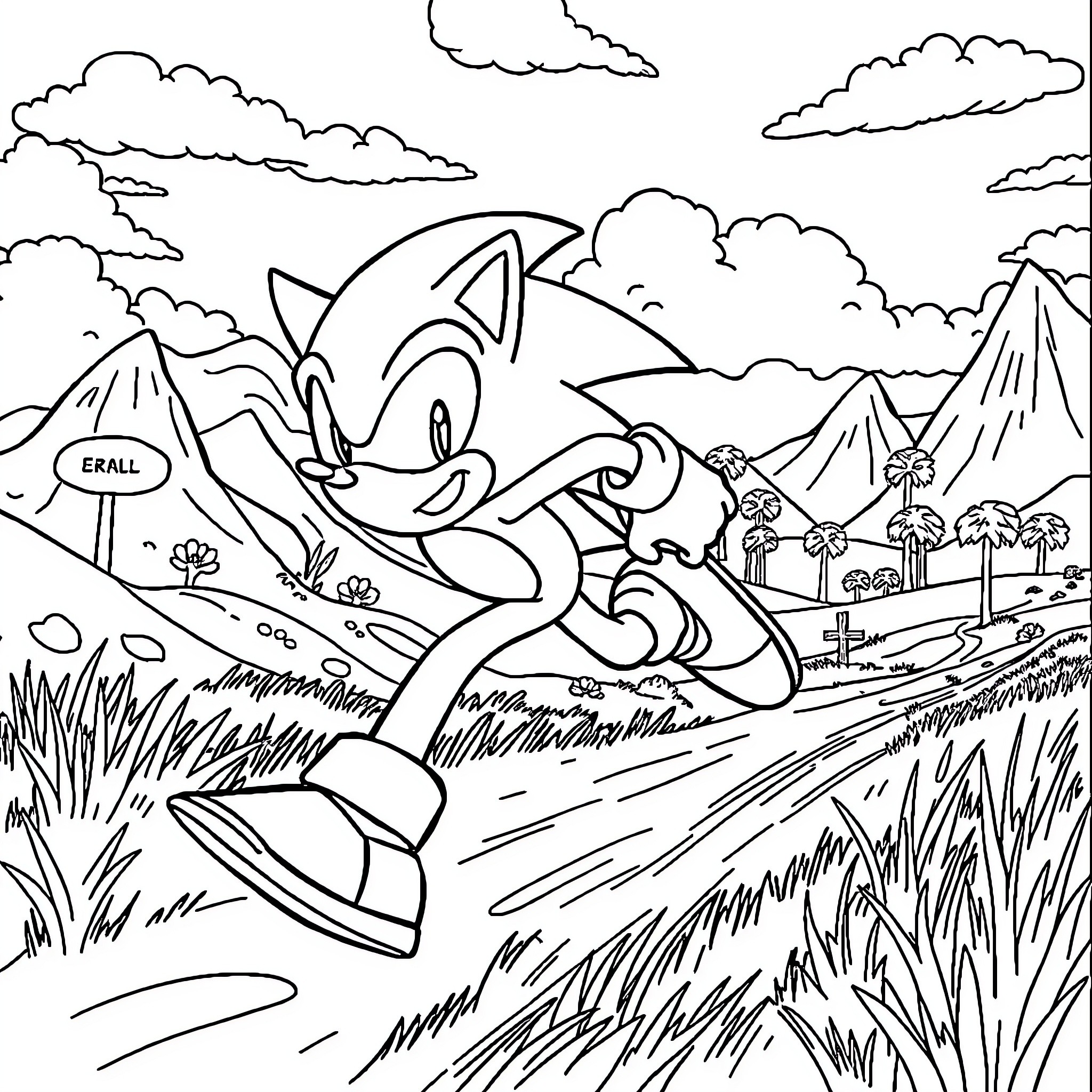 Sonic running through scenic mountainous landscape Coloring Page (free black-and-white line drawing printable PDF for all, from beginners to advanced learners, including children, teens, adults, and seniors)