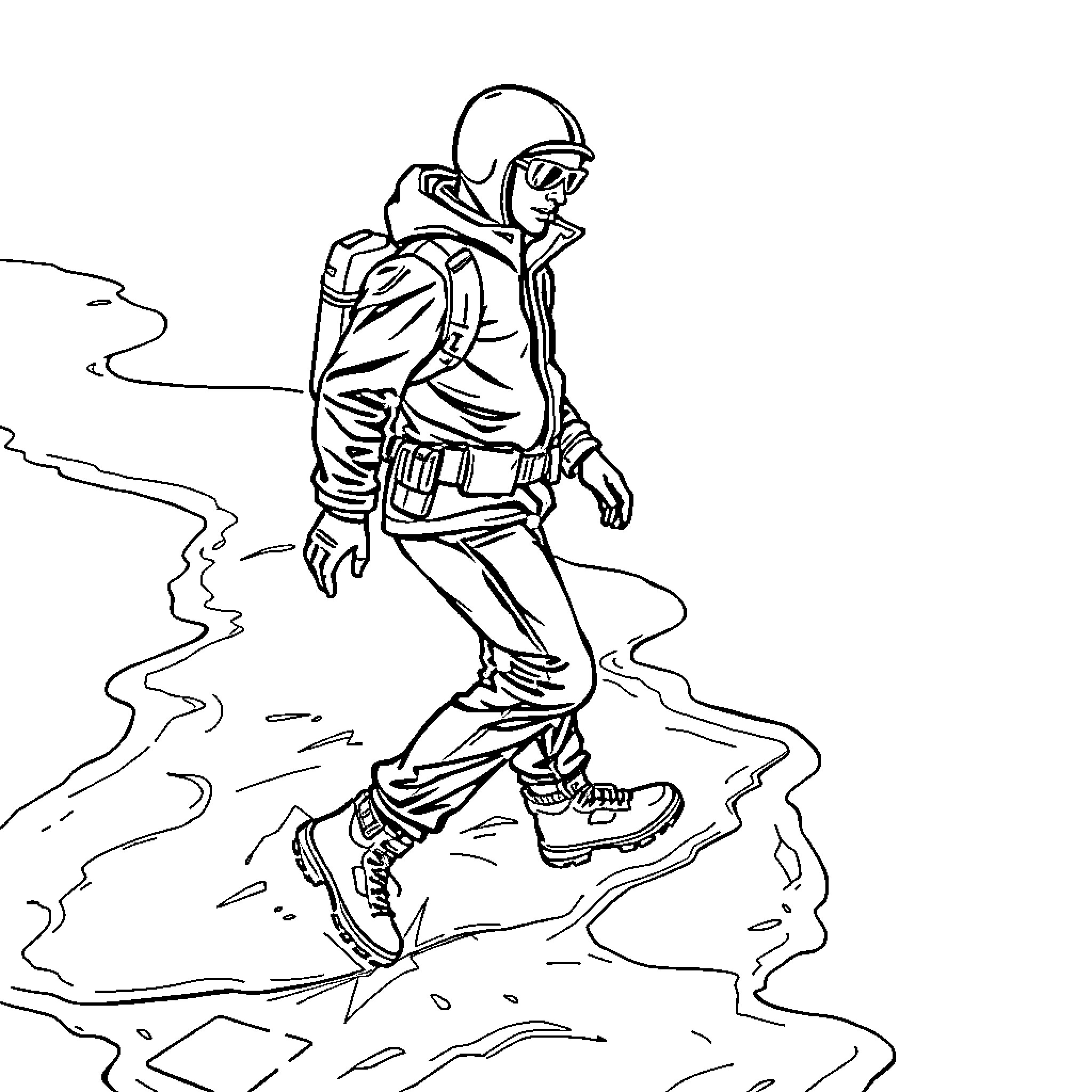 Ice Agent Traversing Frozen Terrain Coloring Page (free black-and-white line drawing printable PDF for all, from beginners to advanced learners, including children, teens, adults, and seniors)