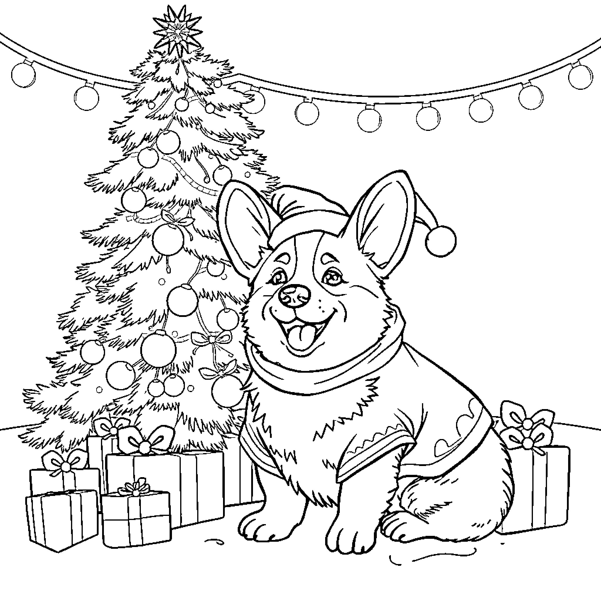Corgi celebrating Christmas with tree and gifts Coloring Page (free black-and-white line drawing printable PDF for all, from beginners to advanced learners, including children, teens, adults, and seniors)