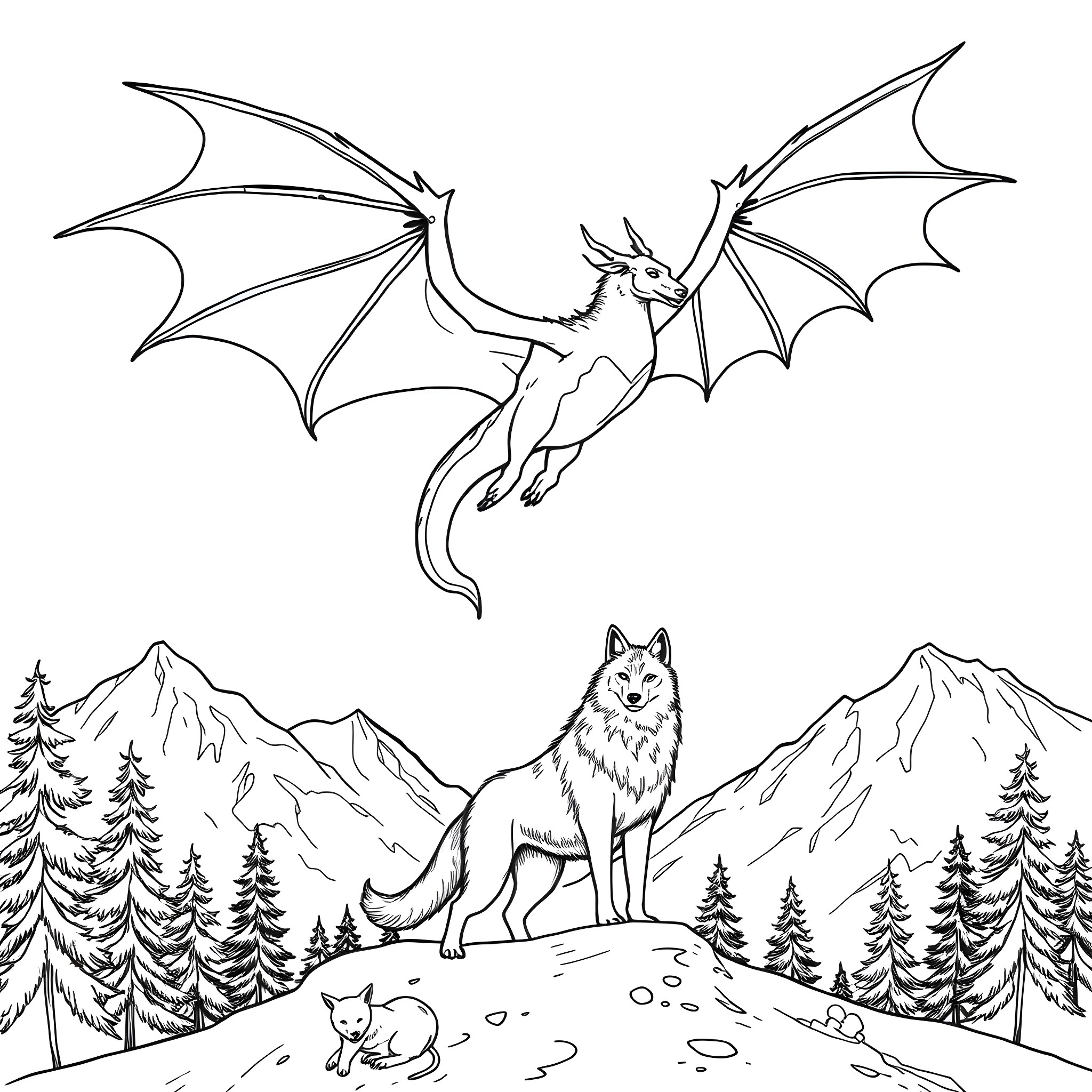 Dragon soaring over a majestic mountain landscape Coloring Page (free black-and-white line drawing printable PDF for all, from beginners to advanced learners, including children, teens, adults, and seniors)