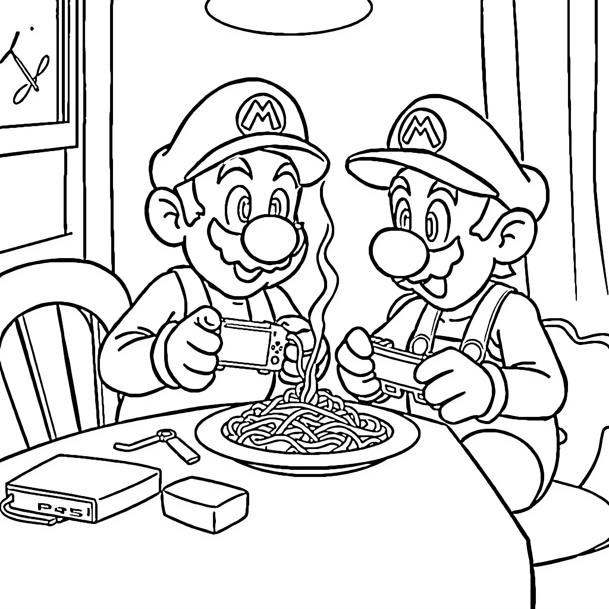 Mario Brothers Sharing a Spaghetti Meal Coloring Page (free black-and-white line drawing printable PDF for all, from beginners to advanced learners, including children, teens, adults, and seniors)