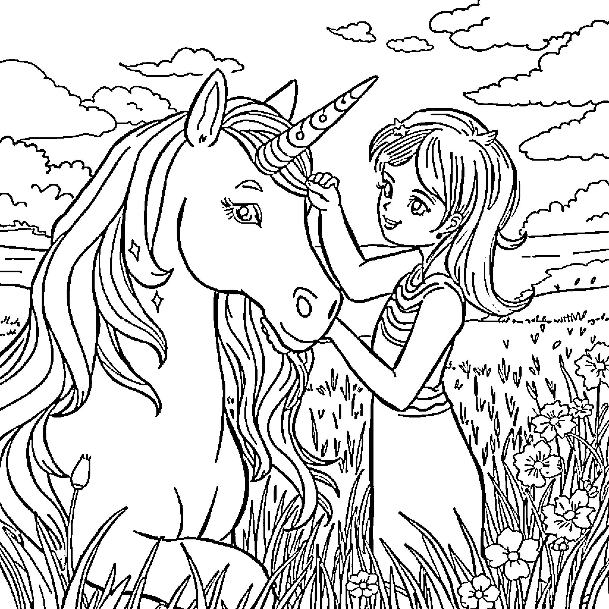 Unicorn and girl enjoy a meadow together Coloring Page (free black-and-white line drawing printable PDF for all, from beginners to advanced learners, including children, teens, adults, and seniors)