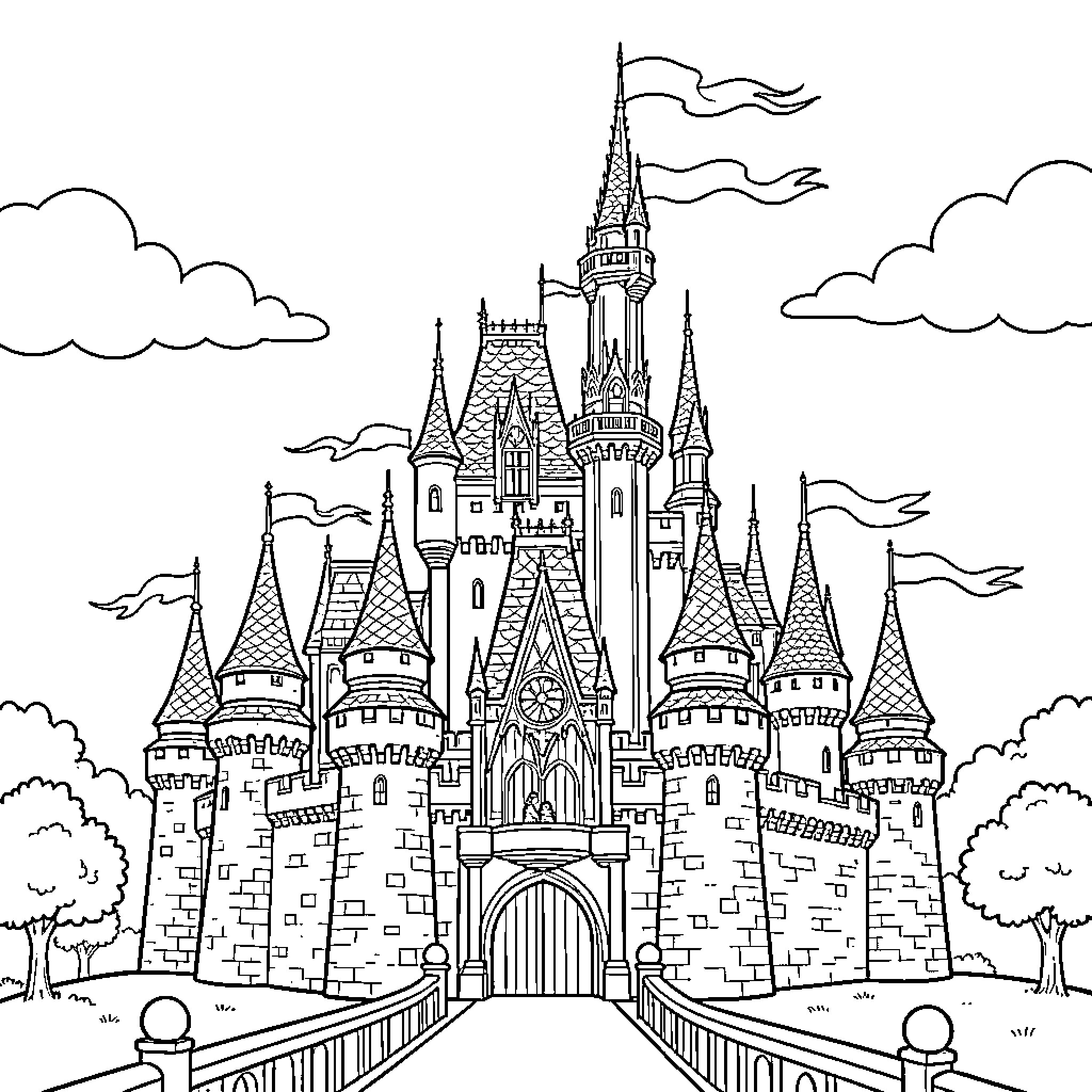 Castle of Enchantment and Imagination Coloring Page (free black-and-white line drawing printable PDF for all, from beginners to advanced learners, including children, teens, adults, and seniors)
