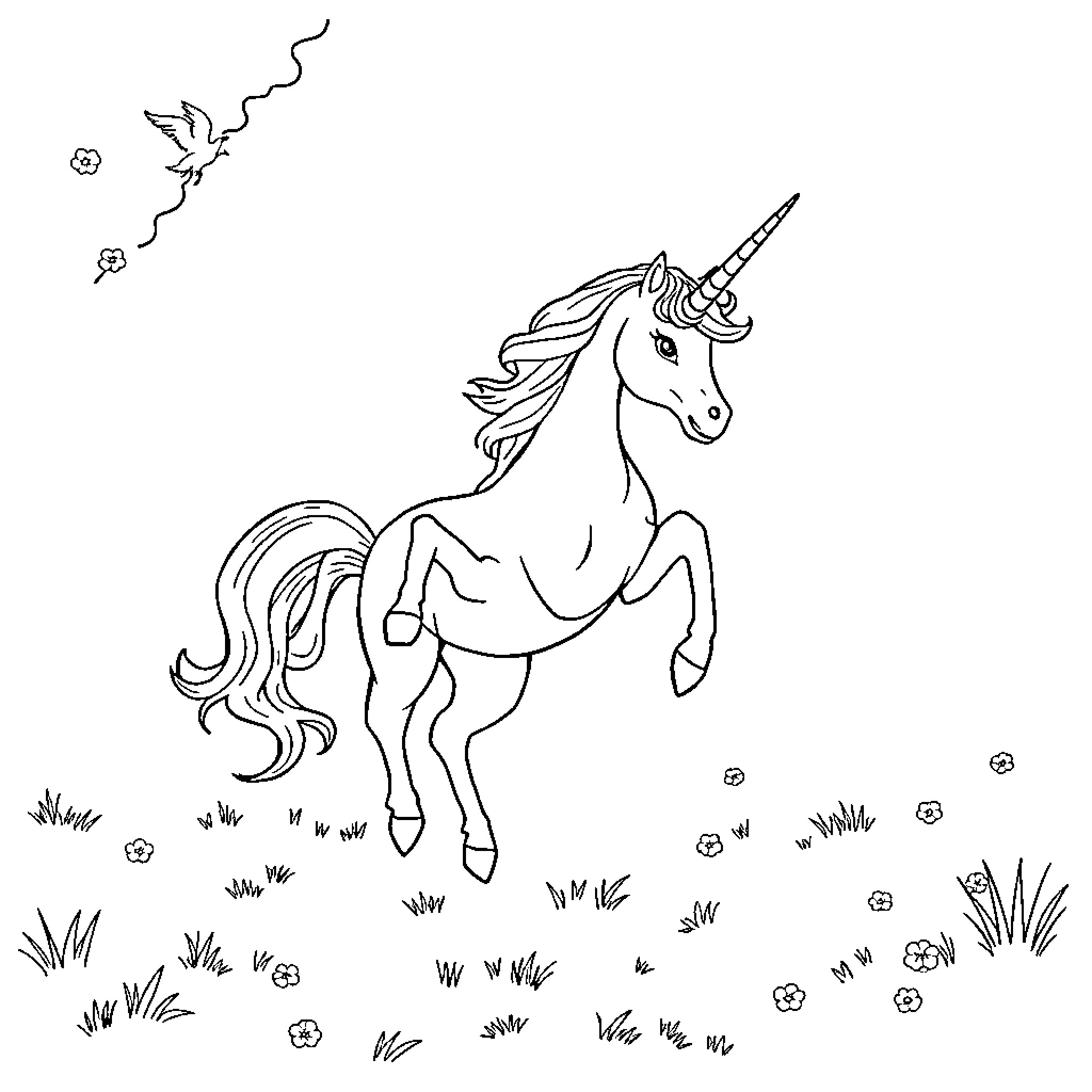 Unicorn galloping through a magical field Coloring Page (free black-and-white line drawing printable PDF for all, from beginners to advanced learners, including children, teens, adults, and seniors)