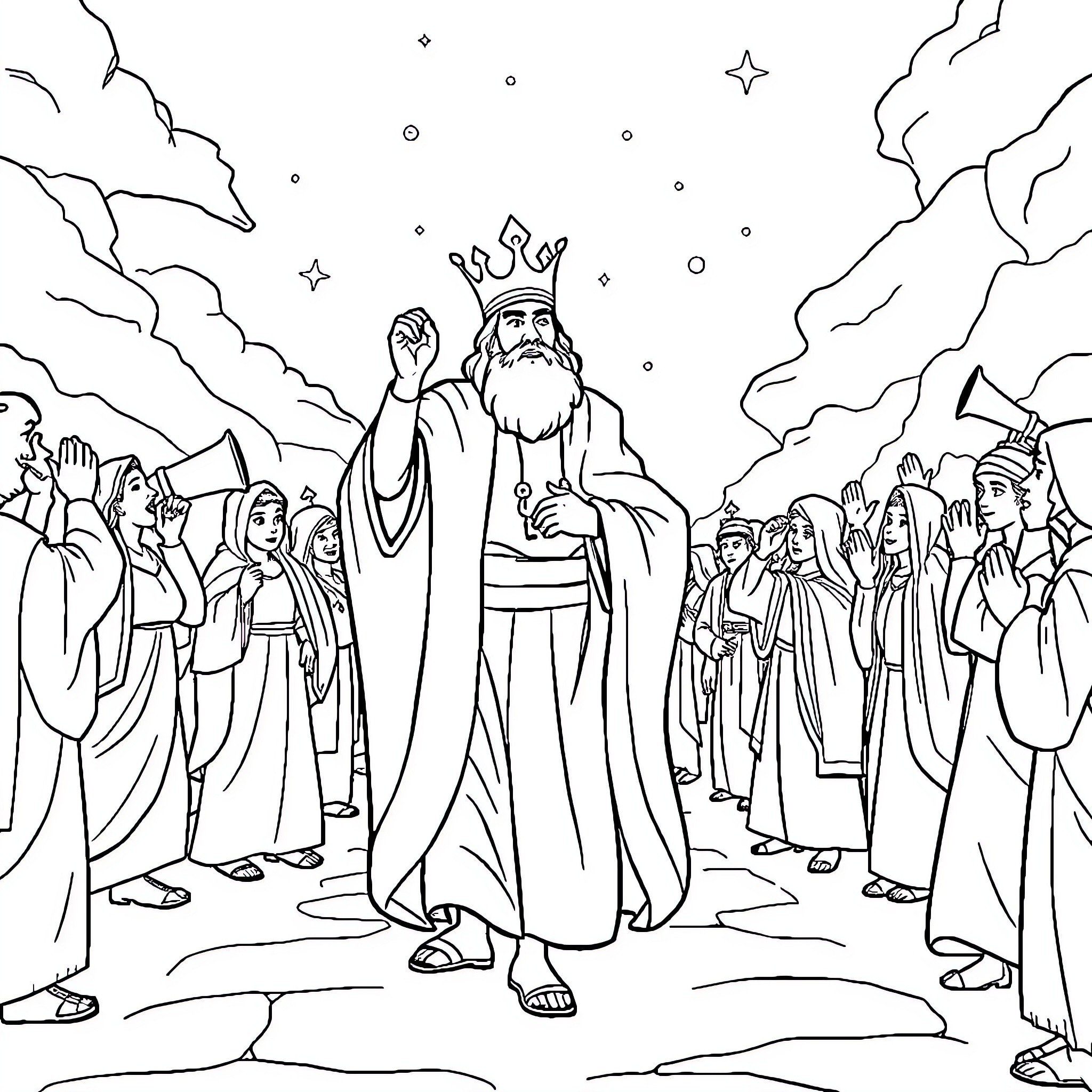 King Leading a Crowd in a Ceremonious Procession Coloring Page (free black-and-white line drawing printable PDF for all, from beginners to advanced learners, including children, teens, adults, and seniors)