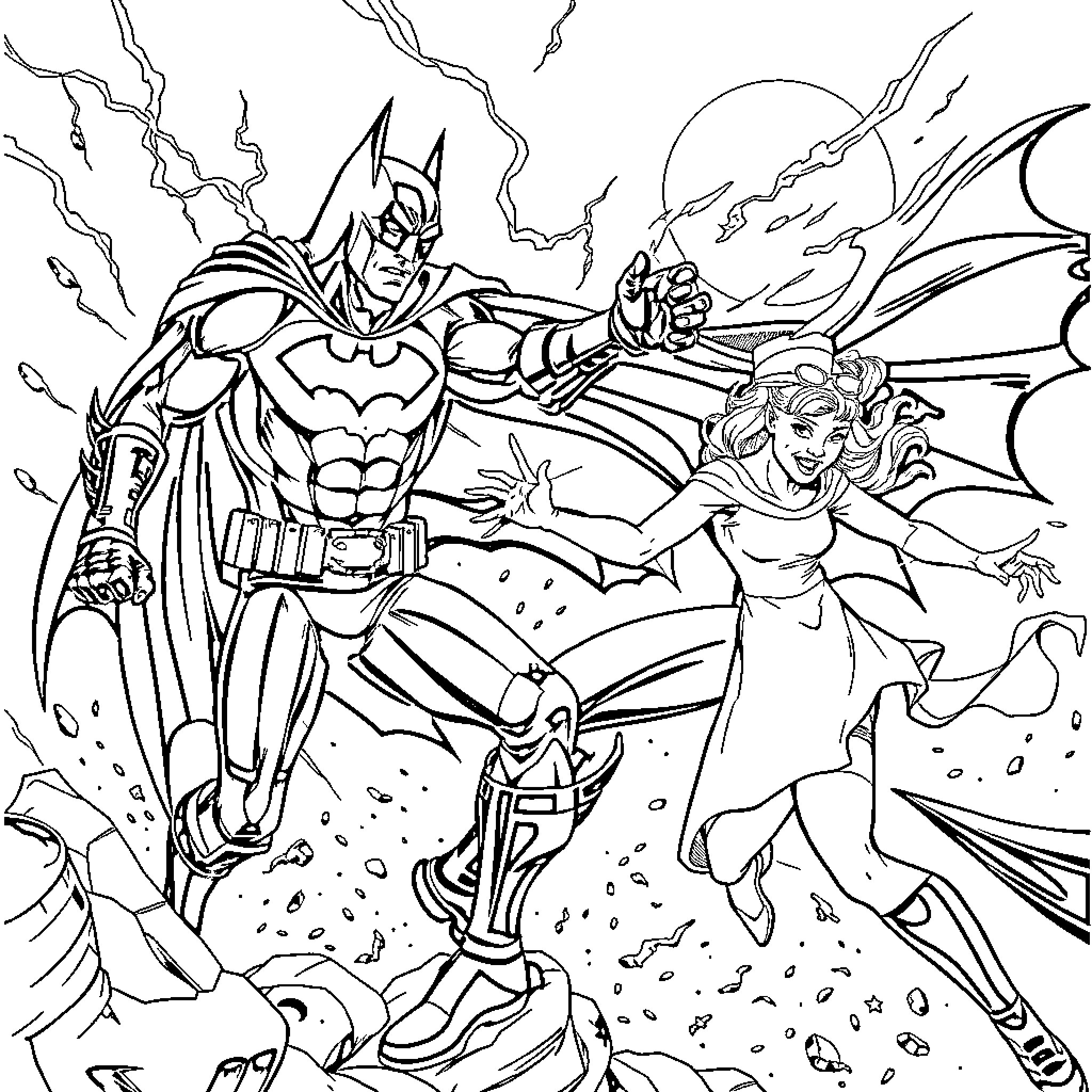 Batman and Batwoman in heroic action pose Coloring Page (free black-and-white line drawing printable PDF for all, from beginners to advanced learners, including children, teens, adults, and seniors)