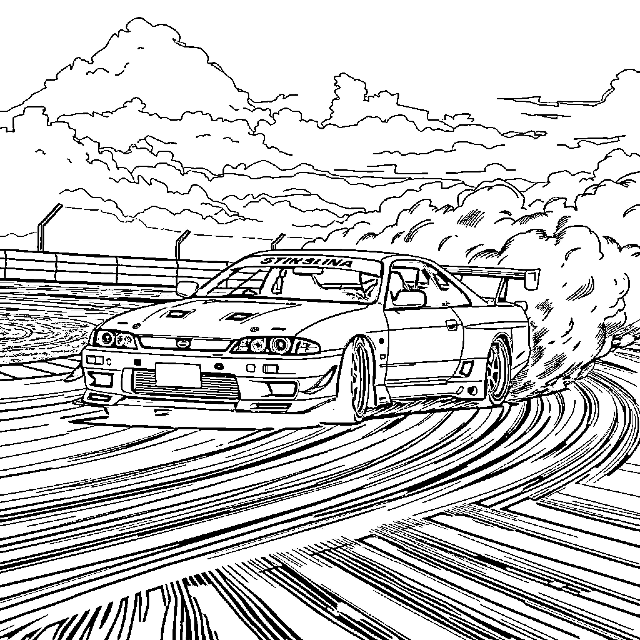 Nissan Silvia drifting on a winding road Coloring Page (free black-and-white line drawing printable PDF for all, from beginners to advanced learners, including children, teens, adults, and seniors)