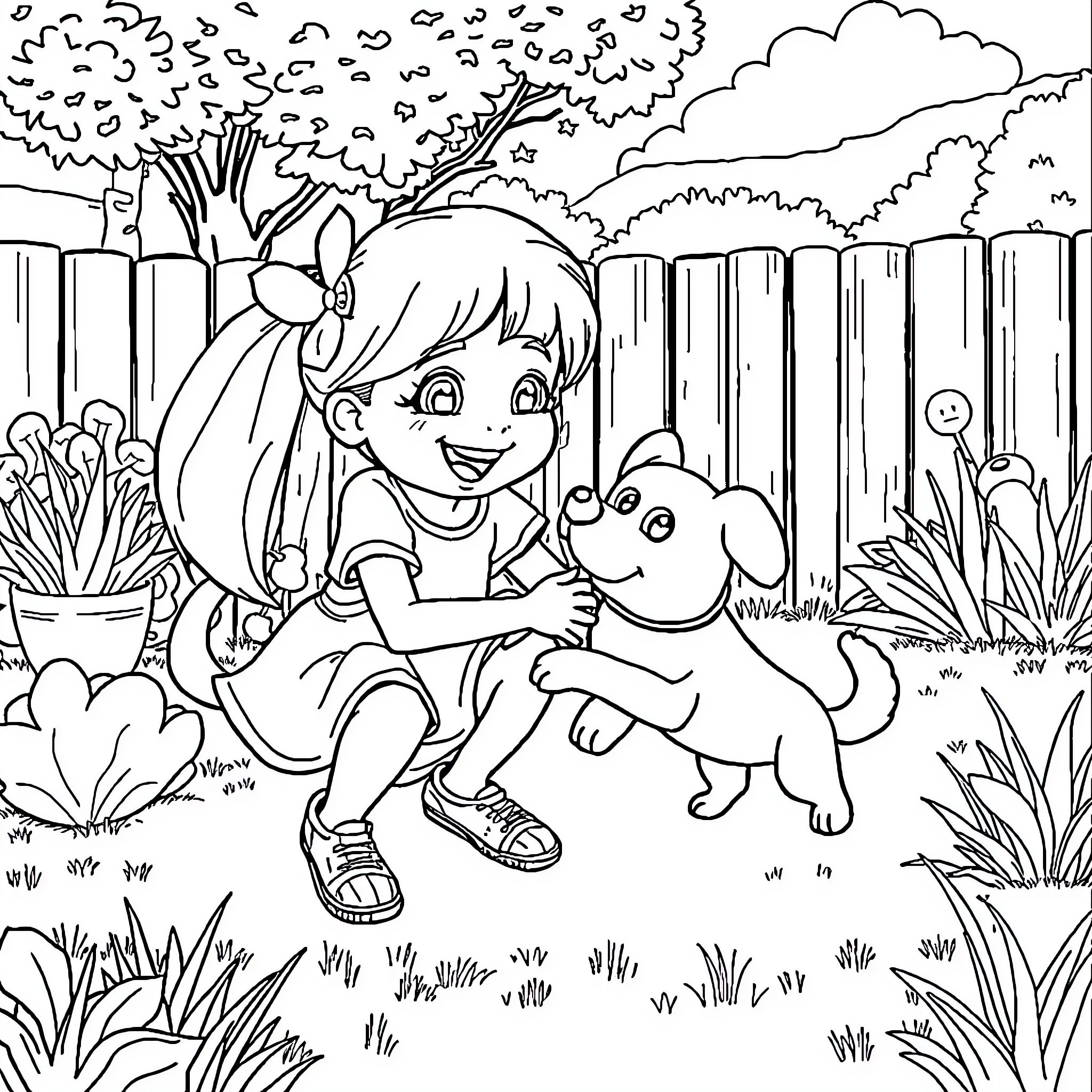 Bluey playing happily with her pet in the backyard Coloring Page (free black-and-white line drawing printable PDF for all, from beginners to advanced learners, including children, teens, adults, and seniors)