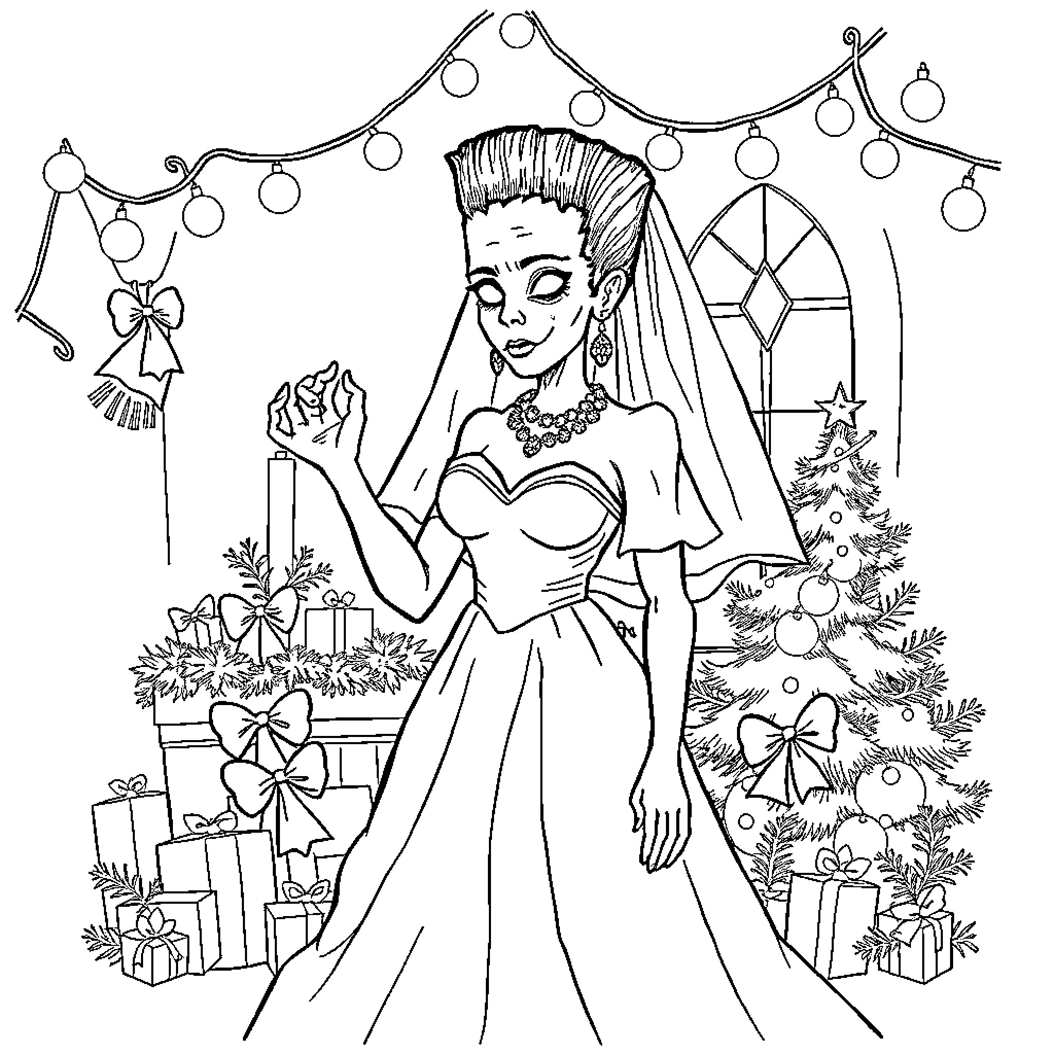 Bride of Frankenstein celebrates Christmas in a winter wonderland Coloring Page (free black-and-white line drawing printable PDF for all, from beginners to advanced learners, including children, teens, adults, and seniors)