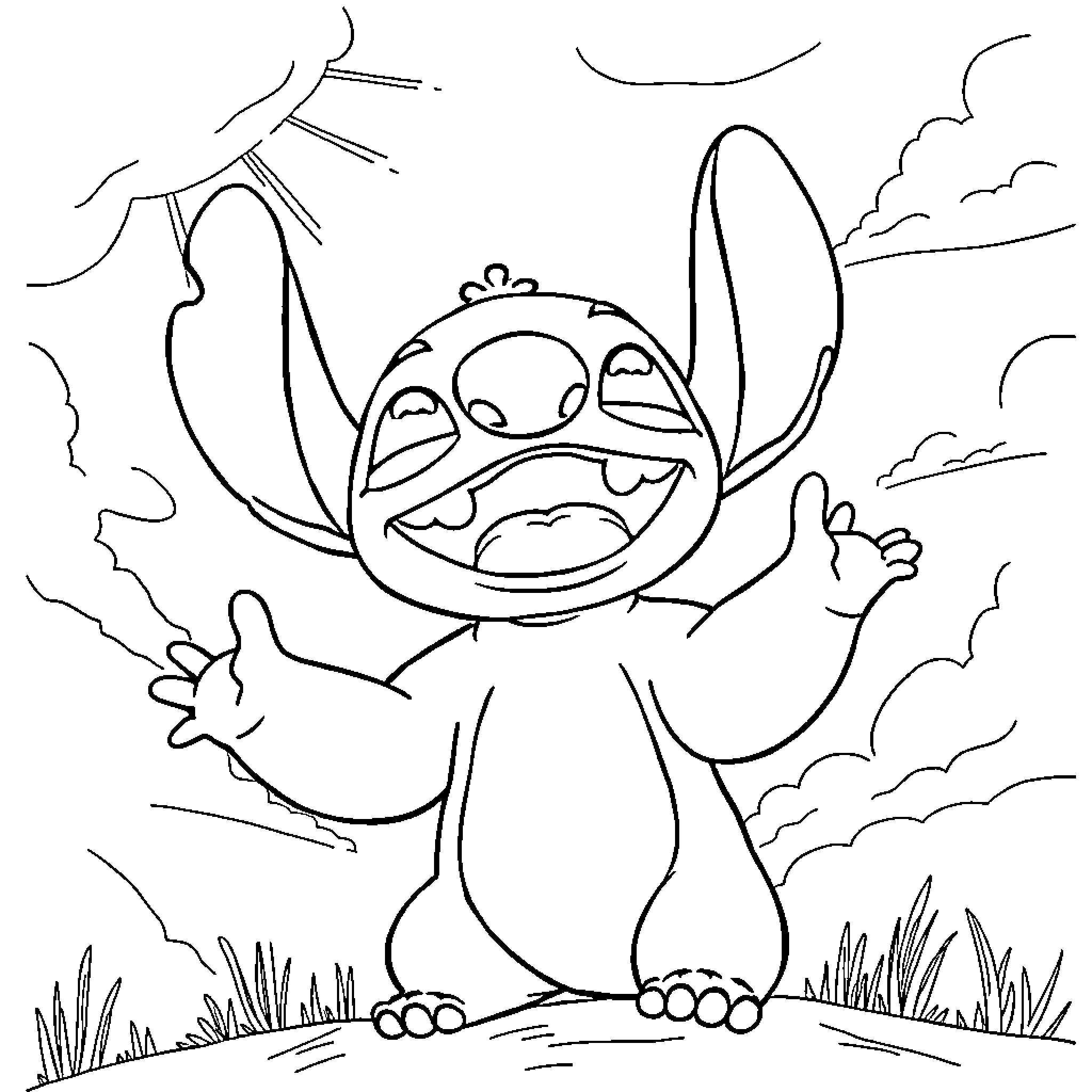Stitch enjoying the outdoors in a playful pose Coloring Page (free black-and-white line drawing printable PDF for all, from beginners to advanced learners, including children, teens, adults, and seniors)