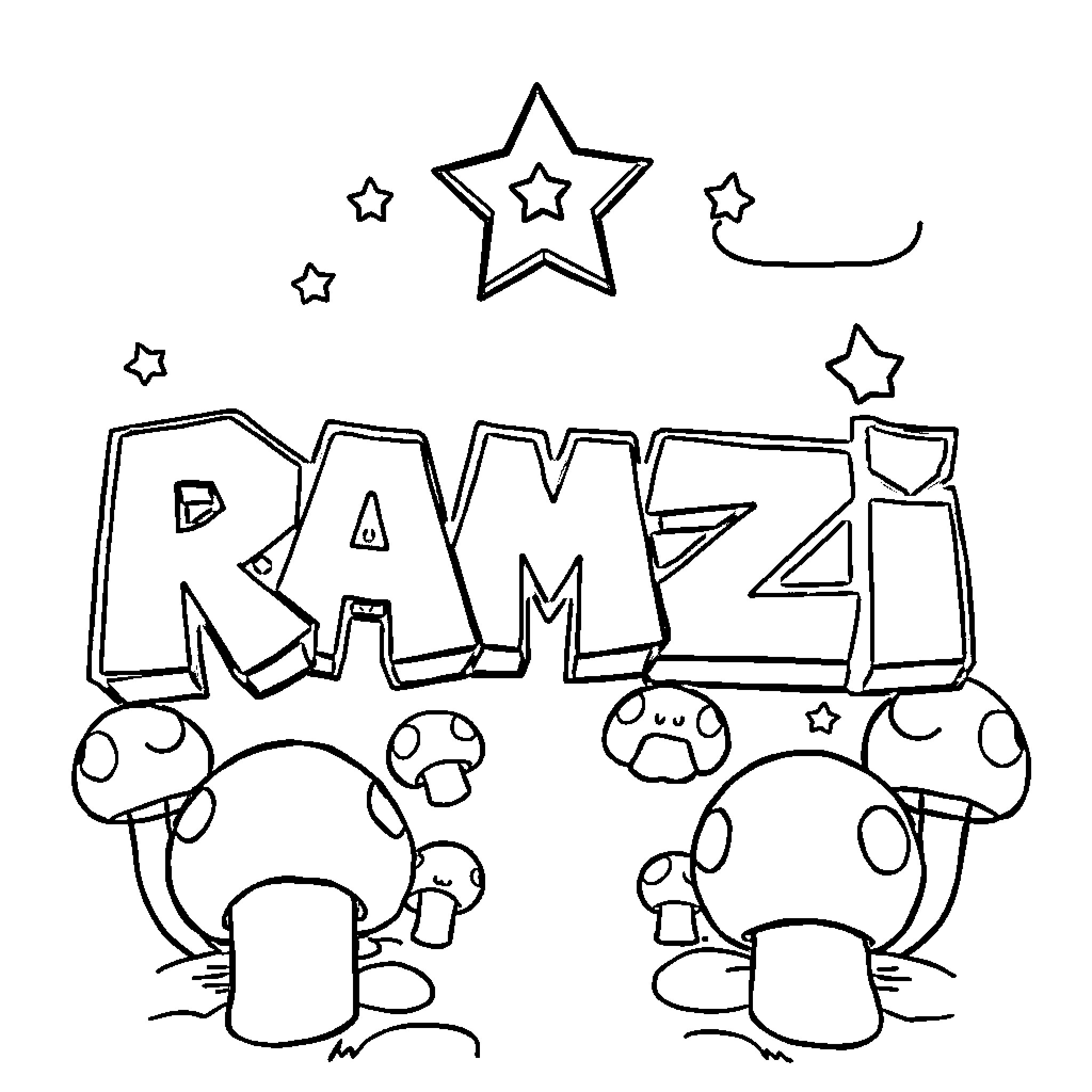 RAMZI's Whimsical Mushroom Adventure Coloring Page (free black-and-white line drawing printable PDF for all, from beginners to advanced learners, including children, teens, adults, and seniors)