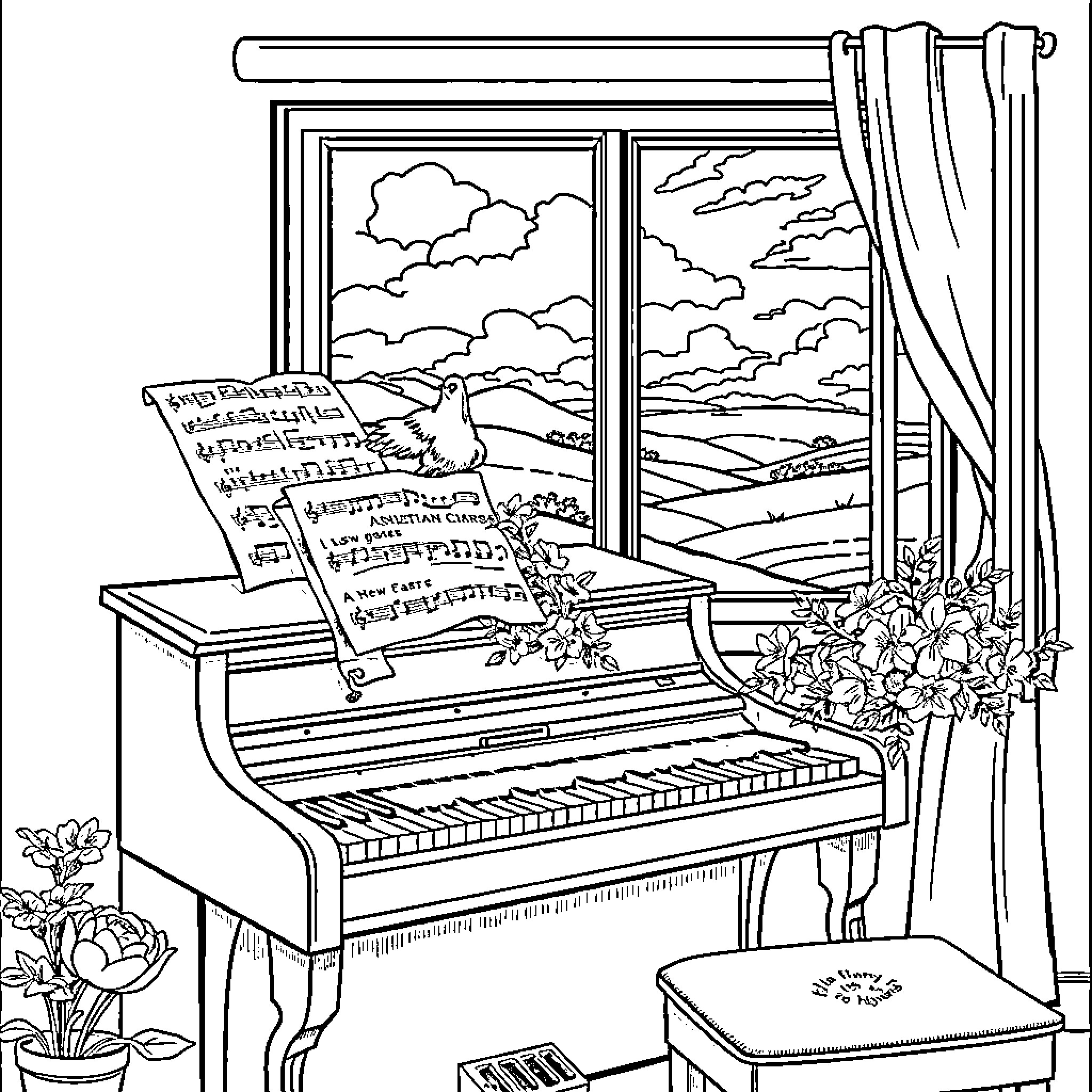 Piano in a Cozy Room with Scenic View Coloring Page (free black-and-white line drawing printable PDF for all, from beginners to advanced learners, including children, teens, adults, and seniors)