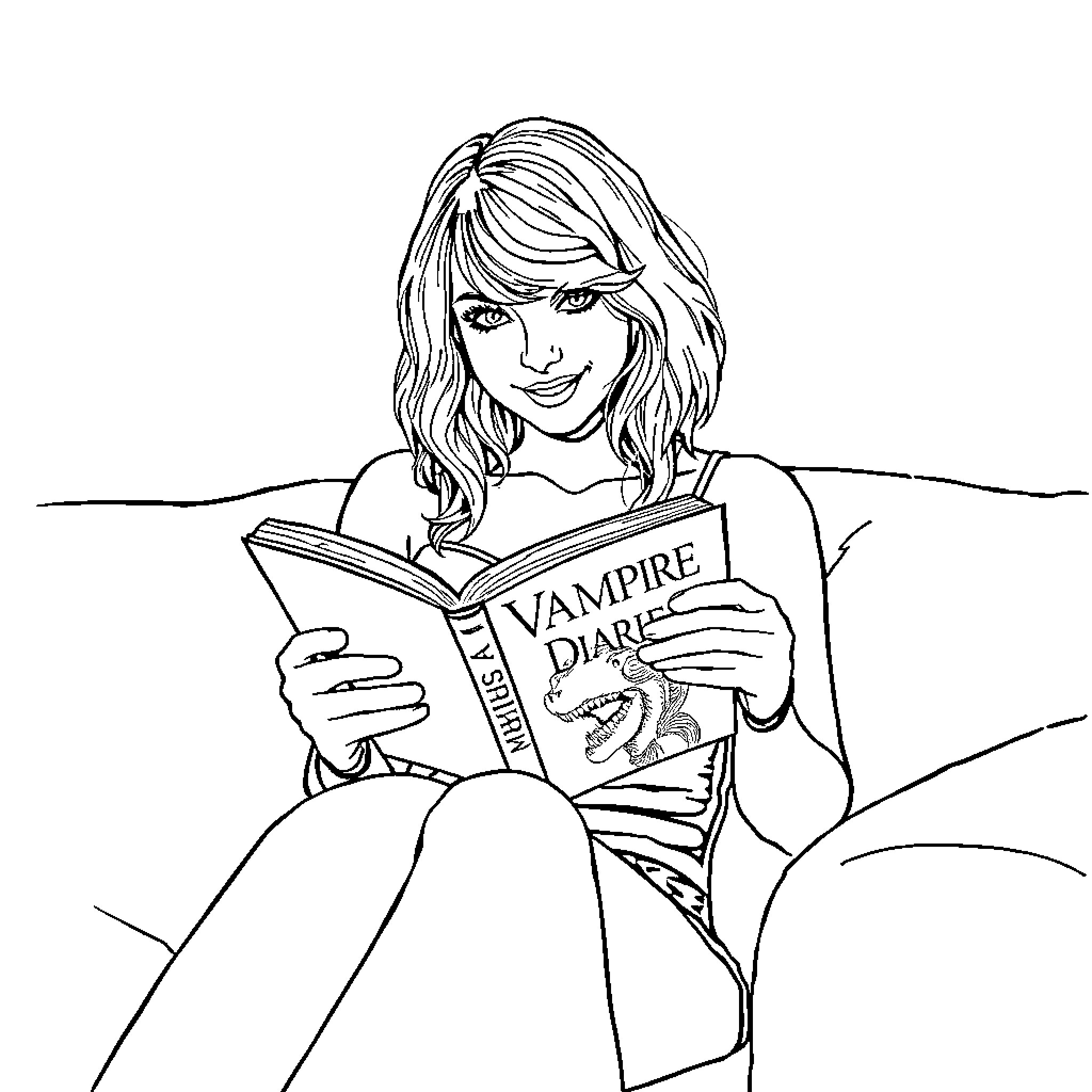 Taylor Swift reading the Vampire Diary Coloring Page (free black-and-white line drawing printable PDF for all, from beginners to advanced learners, including children, teens, adults, and seniors)