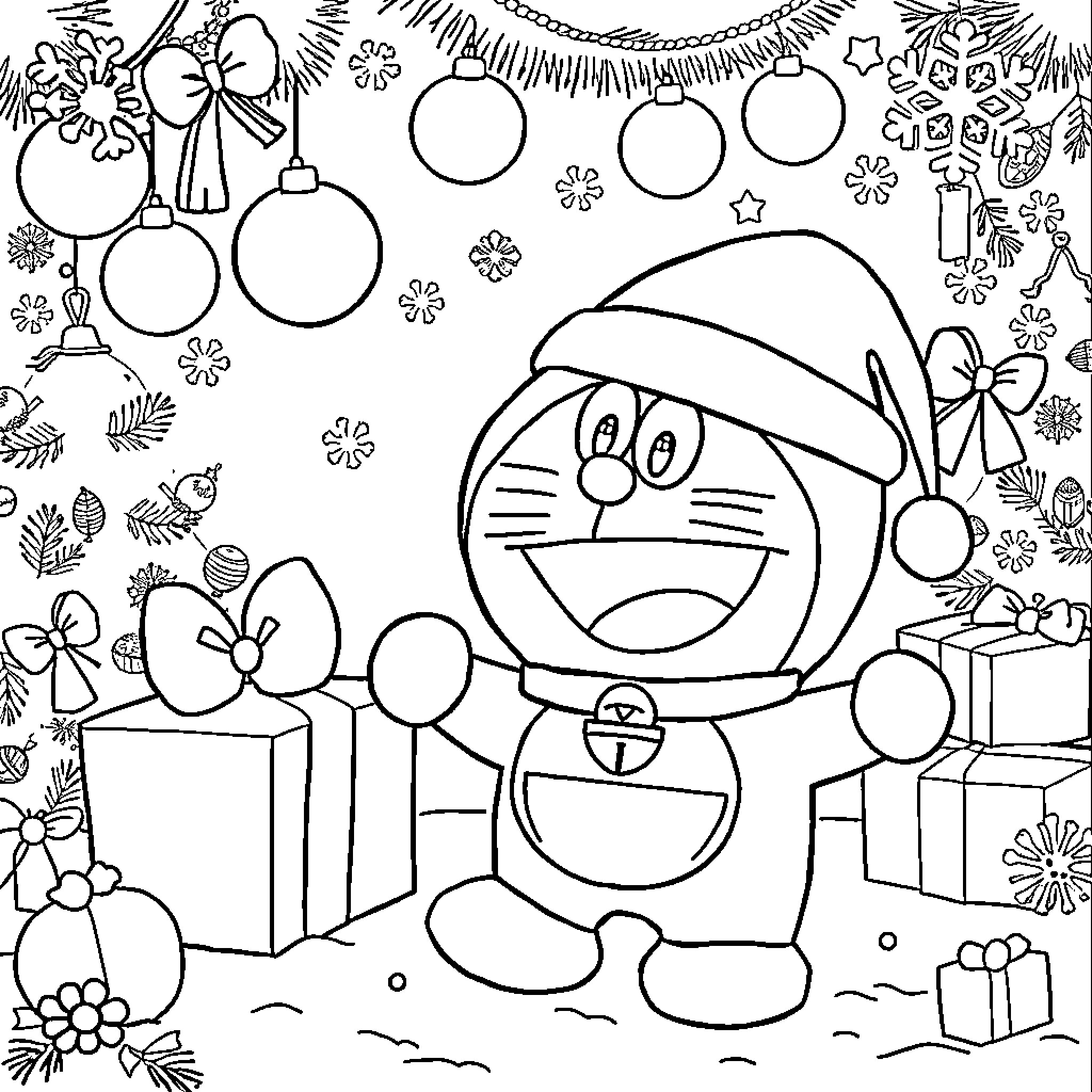 Doraemon surrounded by Christmas decorations and gifts Coloring Page (free black-and-white line drawing printable PDF for all, from beginners to advanced learners, including children, teens, adults, and seniors)
