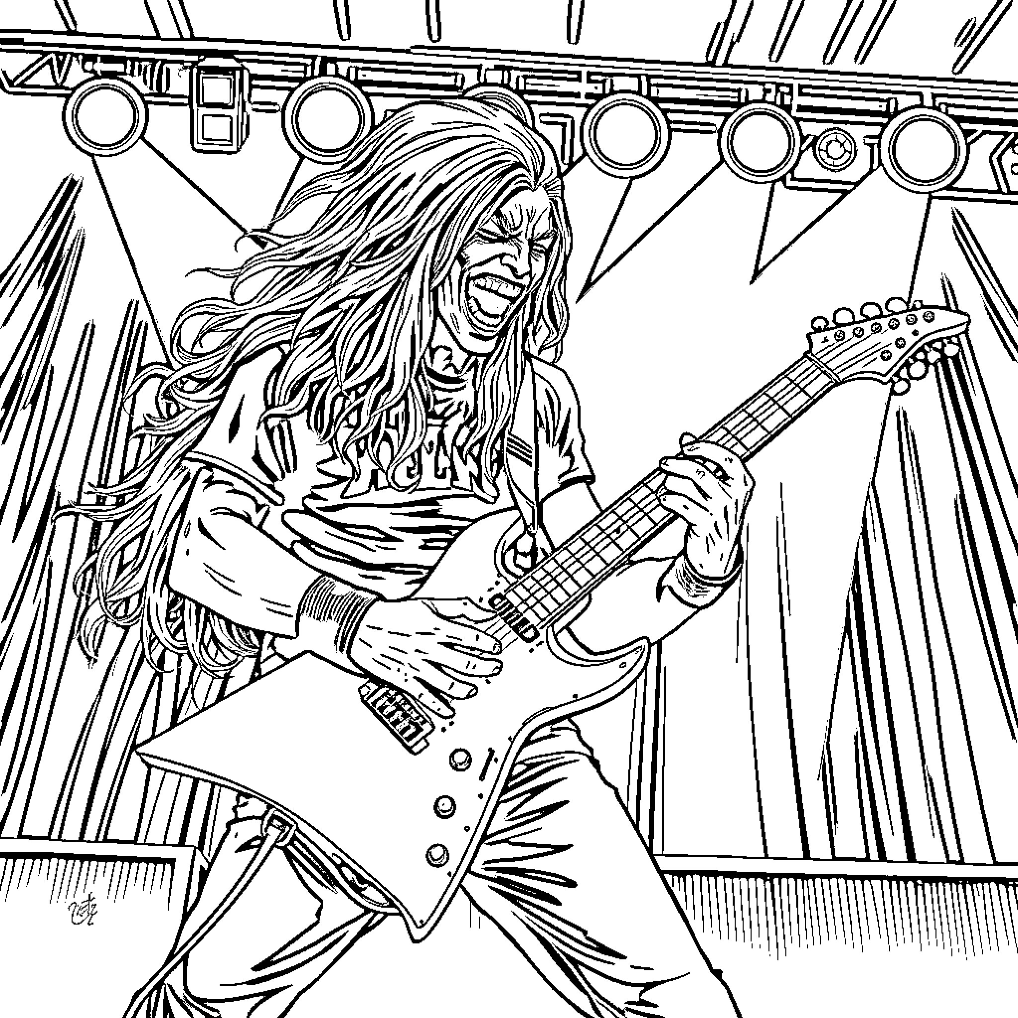 Guitarist rocking out on stage with intensity Coloring Page (free black-and-white line drawing printable PDF for all, from beginners to advanced learners, including children, teens, adults, and seniors)