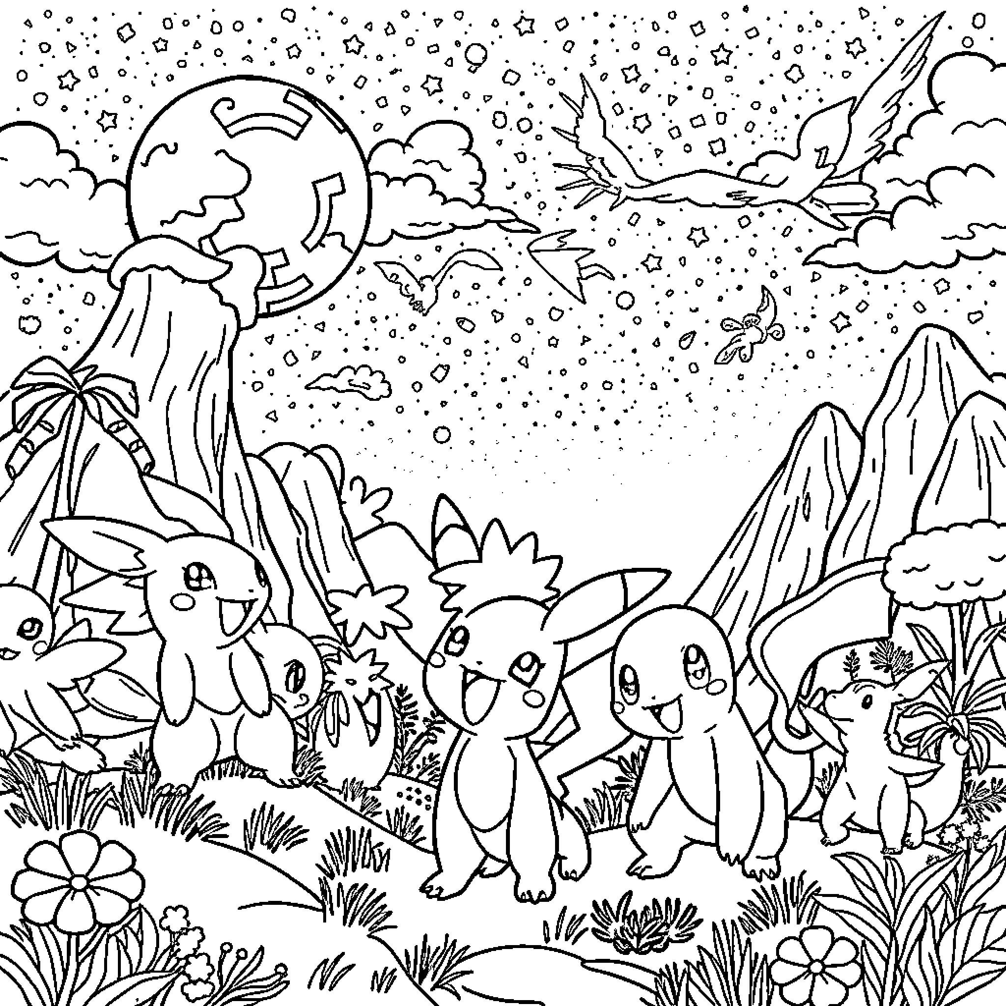 Pokémon exploring the vibrant natural landscape Coloring Page (free black-and-white line drawing printable PDF for all, from beginners to advanced learners, including children, teens, adults, and seniors)
