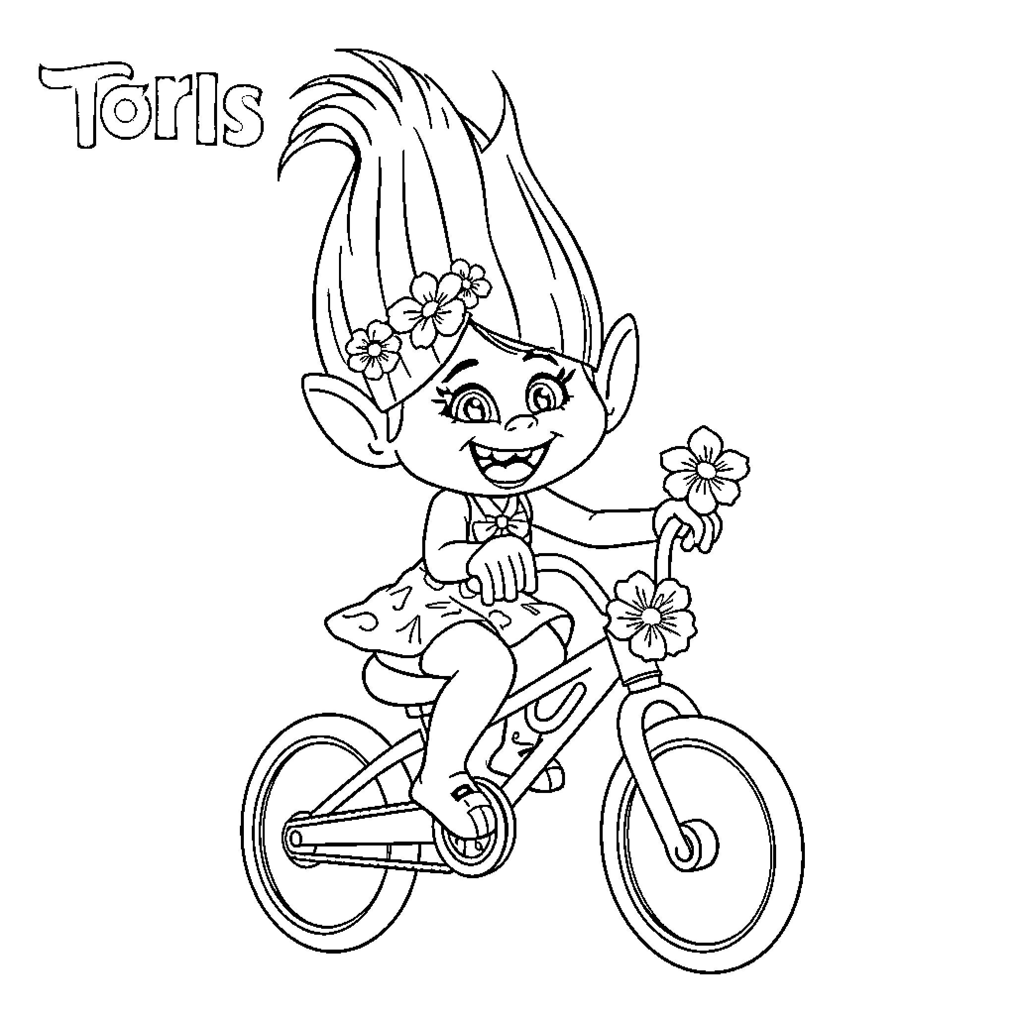 Poppy riding a bicycle with flowers Coloring Page (free black-and-white line drawing printable PDF for all, from beginners to advanced learners, including children, teens, adults, and seniors)