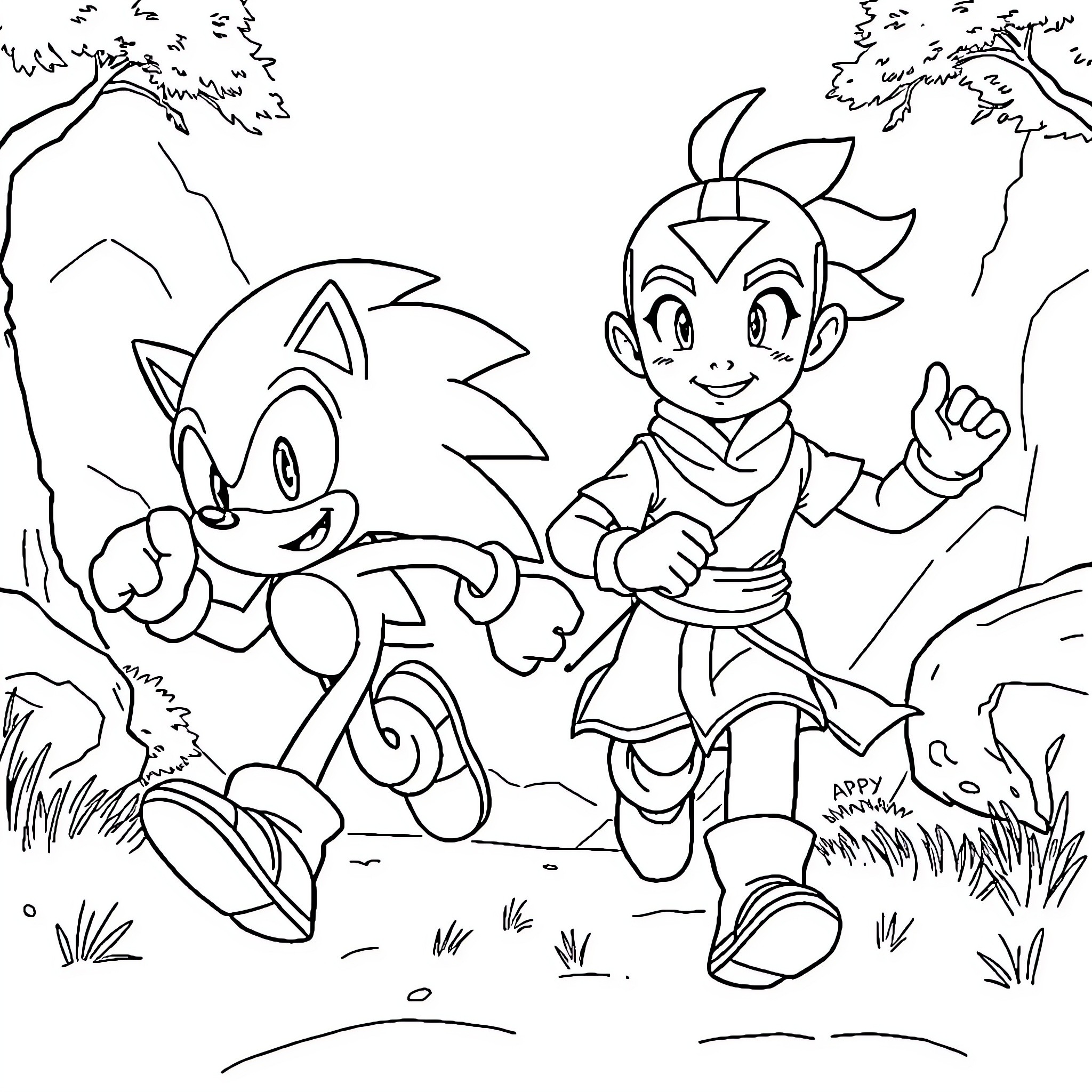 Sonic Characters Running Through the Forest Coloring Page (free black-and-white line drawing printable PDF for all, from beginners to advanced learners, including children, teens, adults, and seniors)