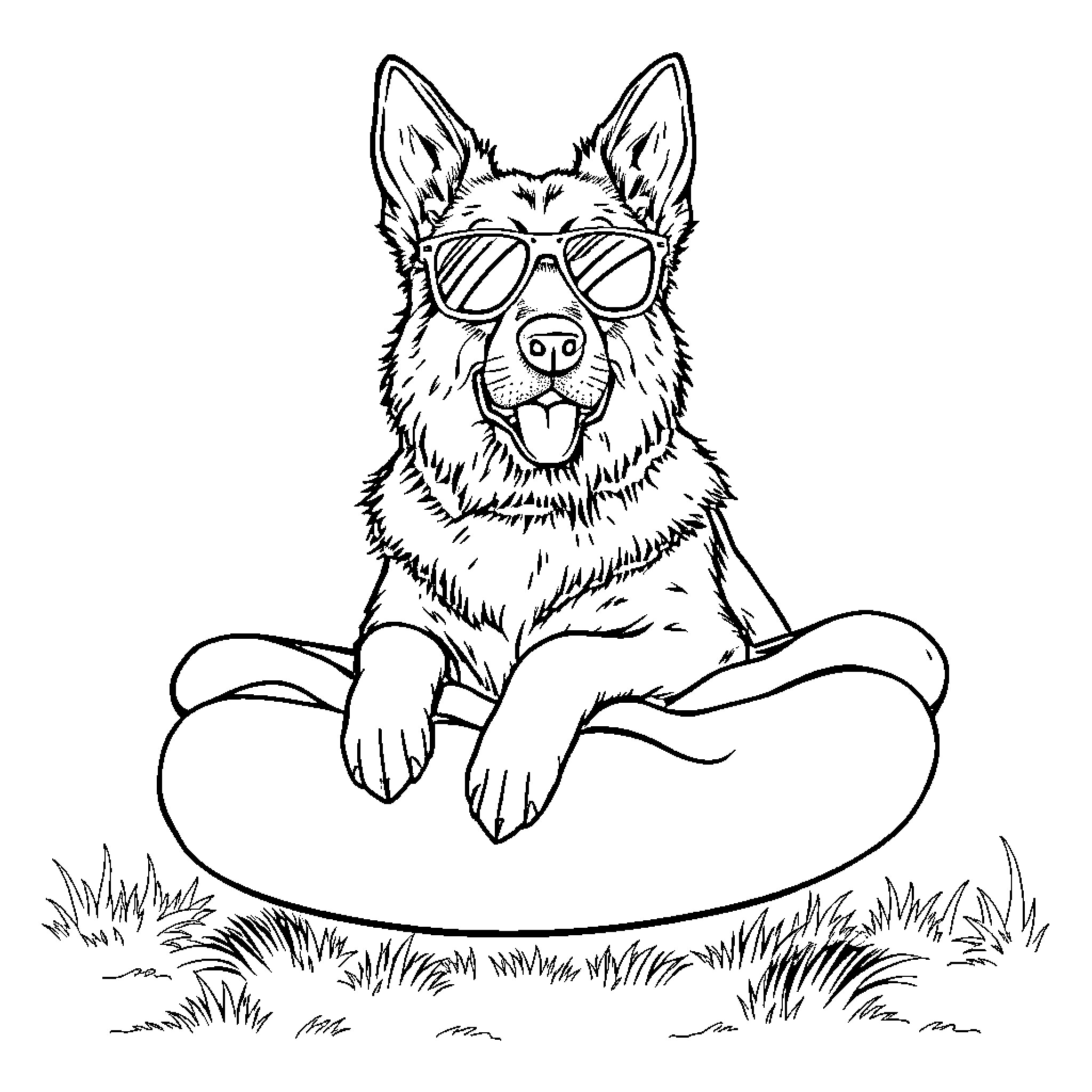 German Shepherd wearing sunglasses and lounging on a pool float Coloring Page (free black-and-white line drawing printable PDF for all, from beginners to advanced learners, including children, teens, adults, and seniors)