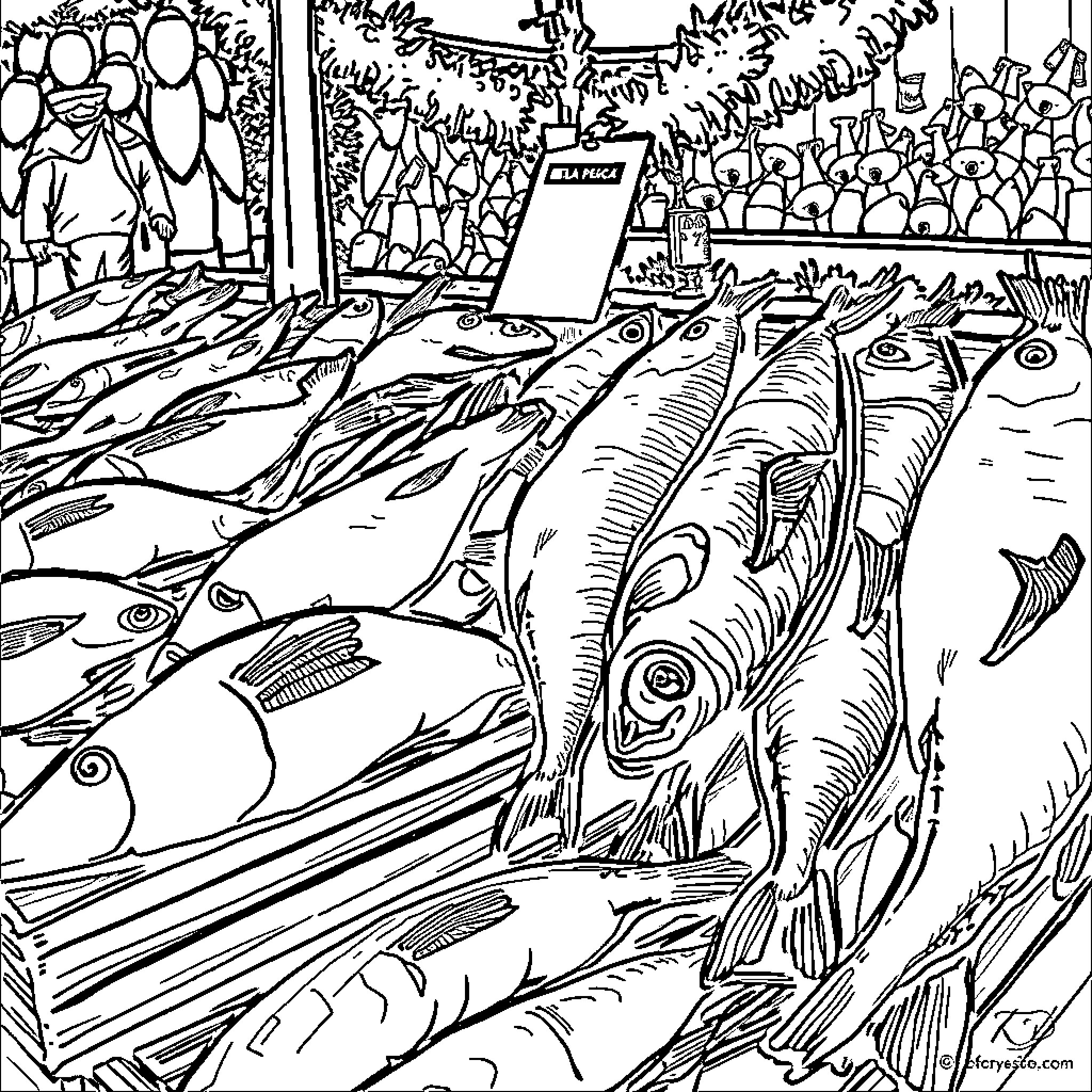 Fish Market Frenzy Coloring Page (free black-and-white line drawing printable PDF for all, from beginners to advanced learners, including children, teens, adults, and seniors)