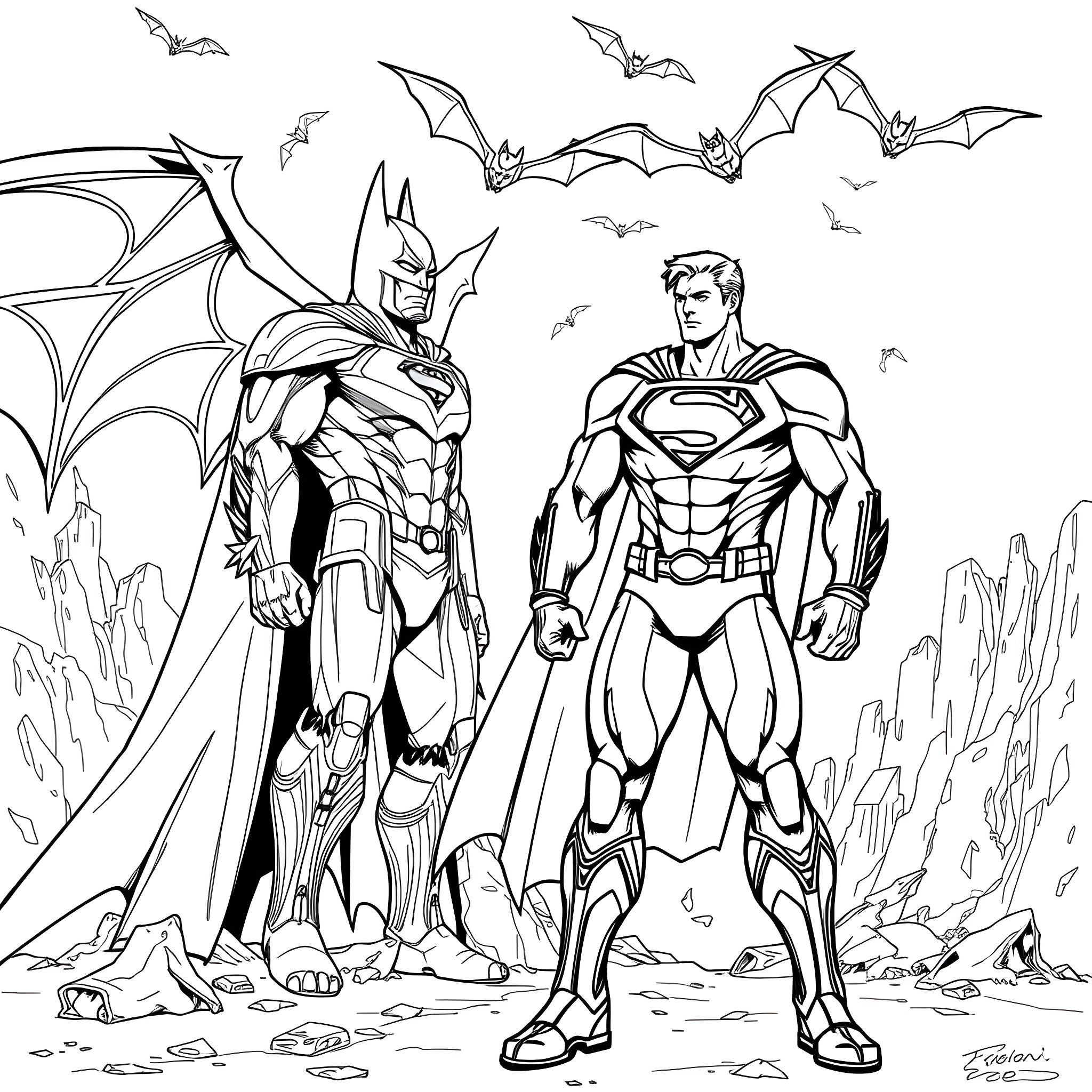 Superman and Batman standing together in heroic poses Coloring Page (free black-and-white line drawing printable PDF for all, from beginners to advanced learners, including children, teens, adults, and seniors)