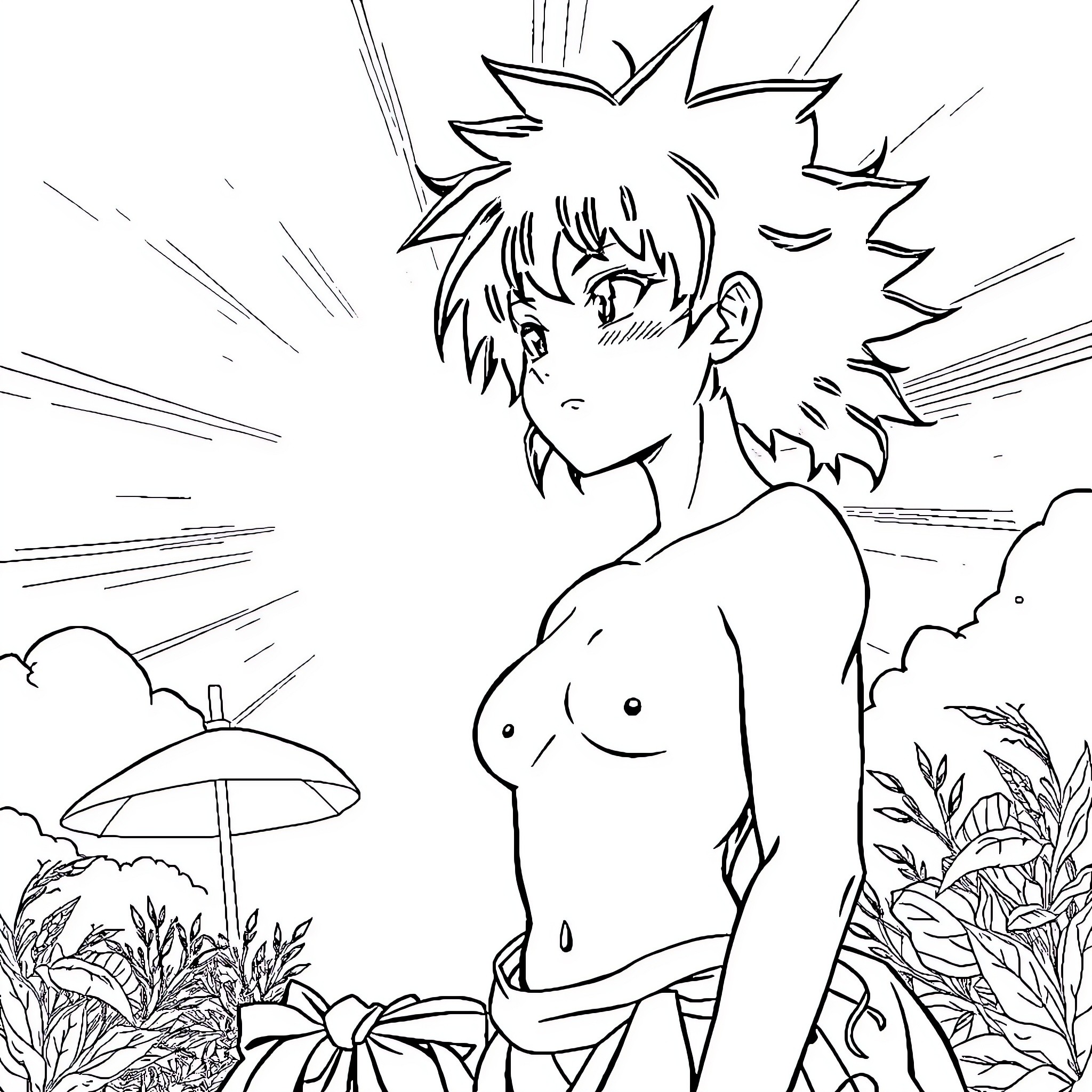 Tanjiro facing challenges with determination Coloring Page (free black-and-white line drawing printable PDF for all, from beginners to advanced learners, including children, teens, adults, and seniors)