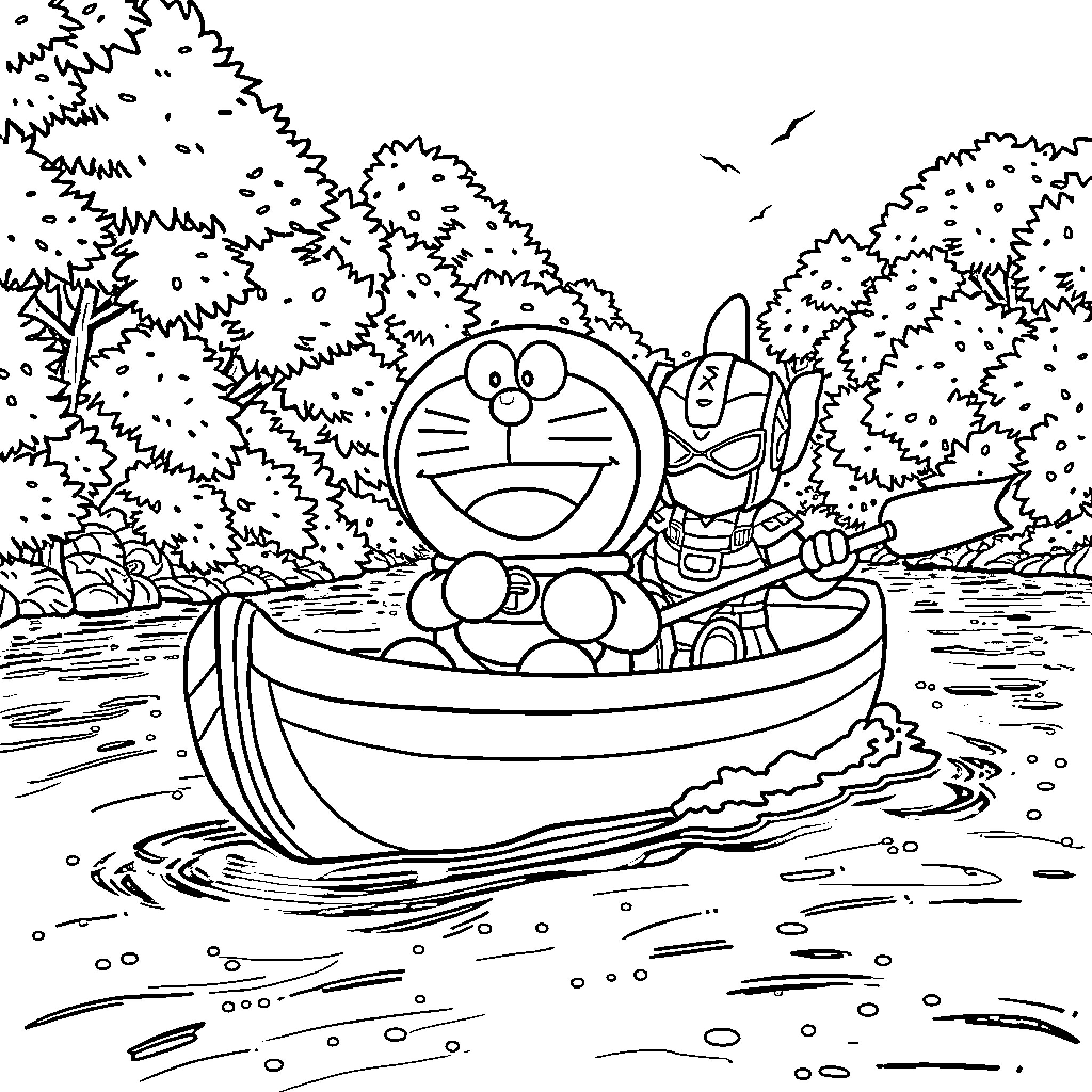 Doraemon and Nobita enjoying a boat ride in nature Coloring Page (free black-and-white line drawing printable PDF for all, from beginners to advanced learners, including children, teens, adults, and seniors)