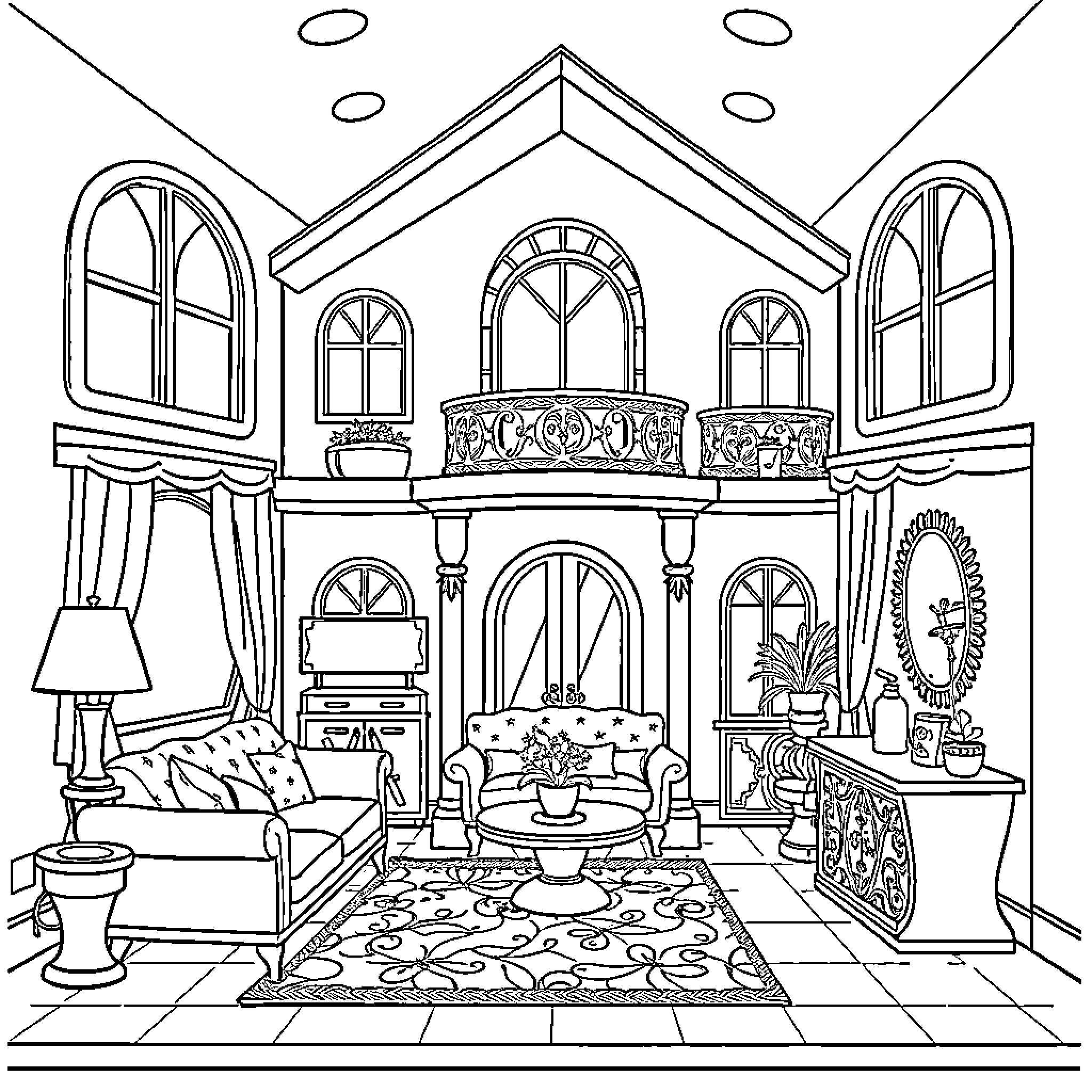 Barbie's Elegant Dollhouse Interior Coloring Page (free black-and-white line drawing printable PDF for all, from beginners to advanced learners, including children, teens, adults, and seniors)