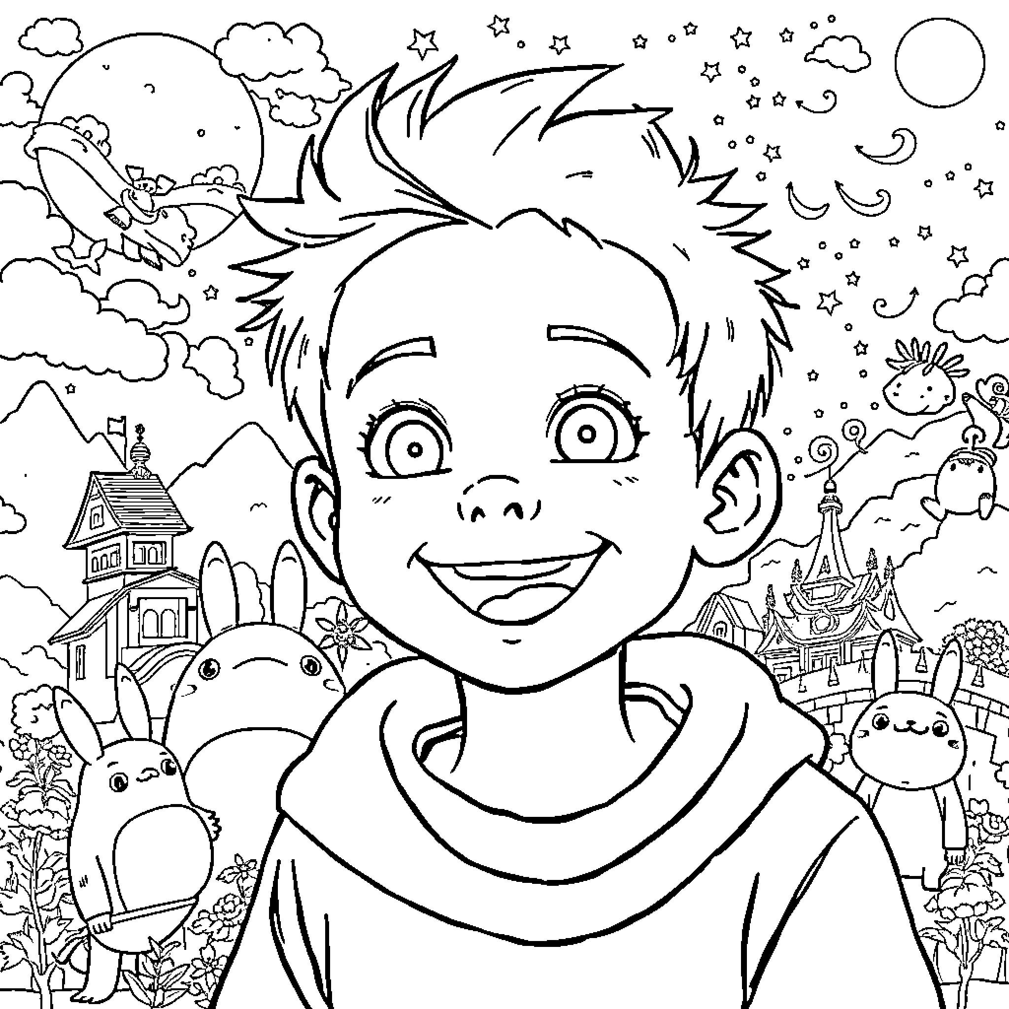 Boy exploring a whimsical fantasy world Coloring Page (free black-and-white line drawing printable PDF for all, from beginners to advanced learners, including children, teens, adults, and seniors)
