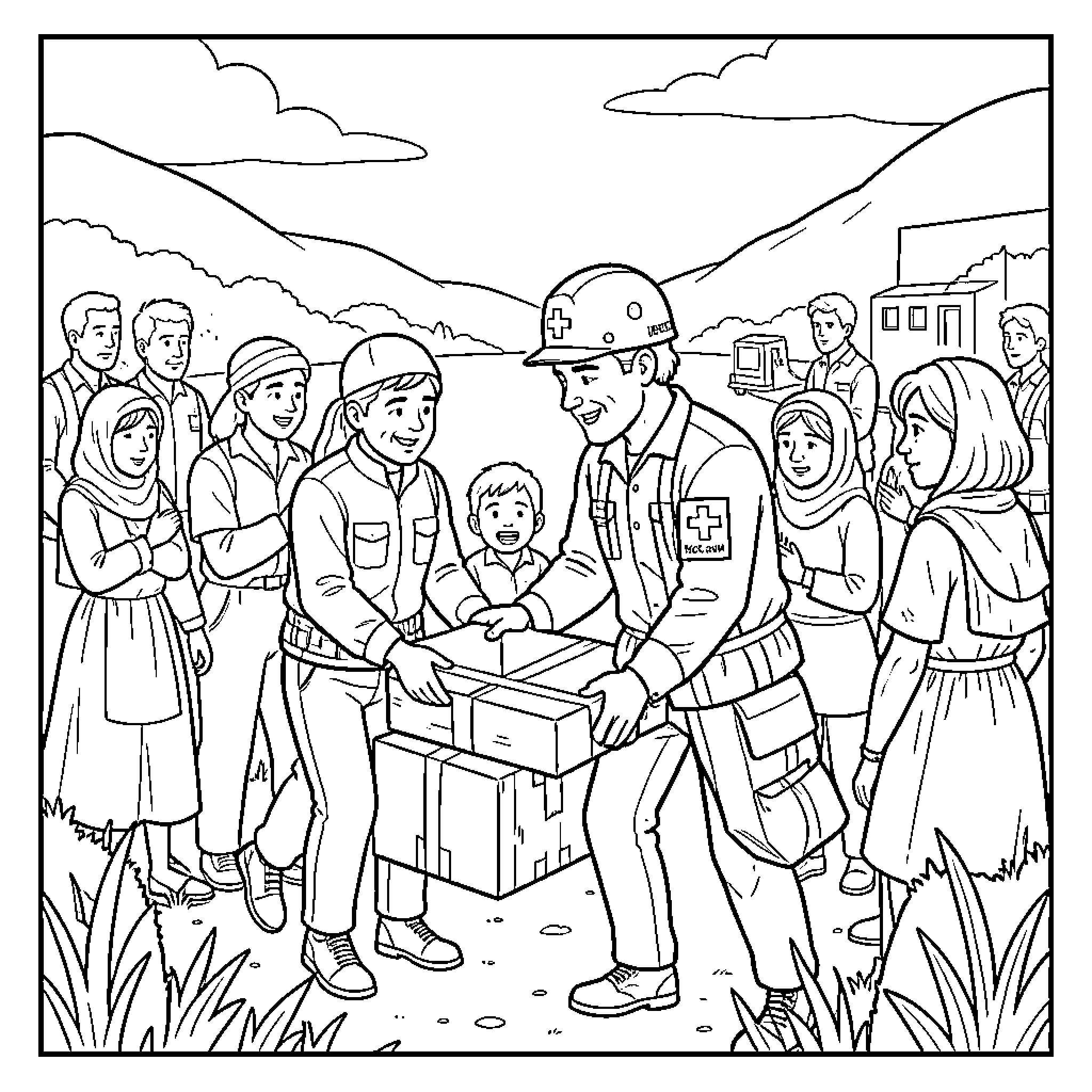 Aid Worker delivering supply boxes to a group of people Coloring Page (free black-and-white line drawing printable PDF for all, from beginners to advanced learners, including children, teens, adults, and seniors)